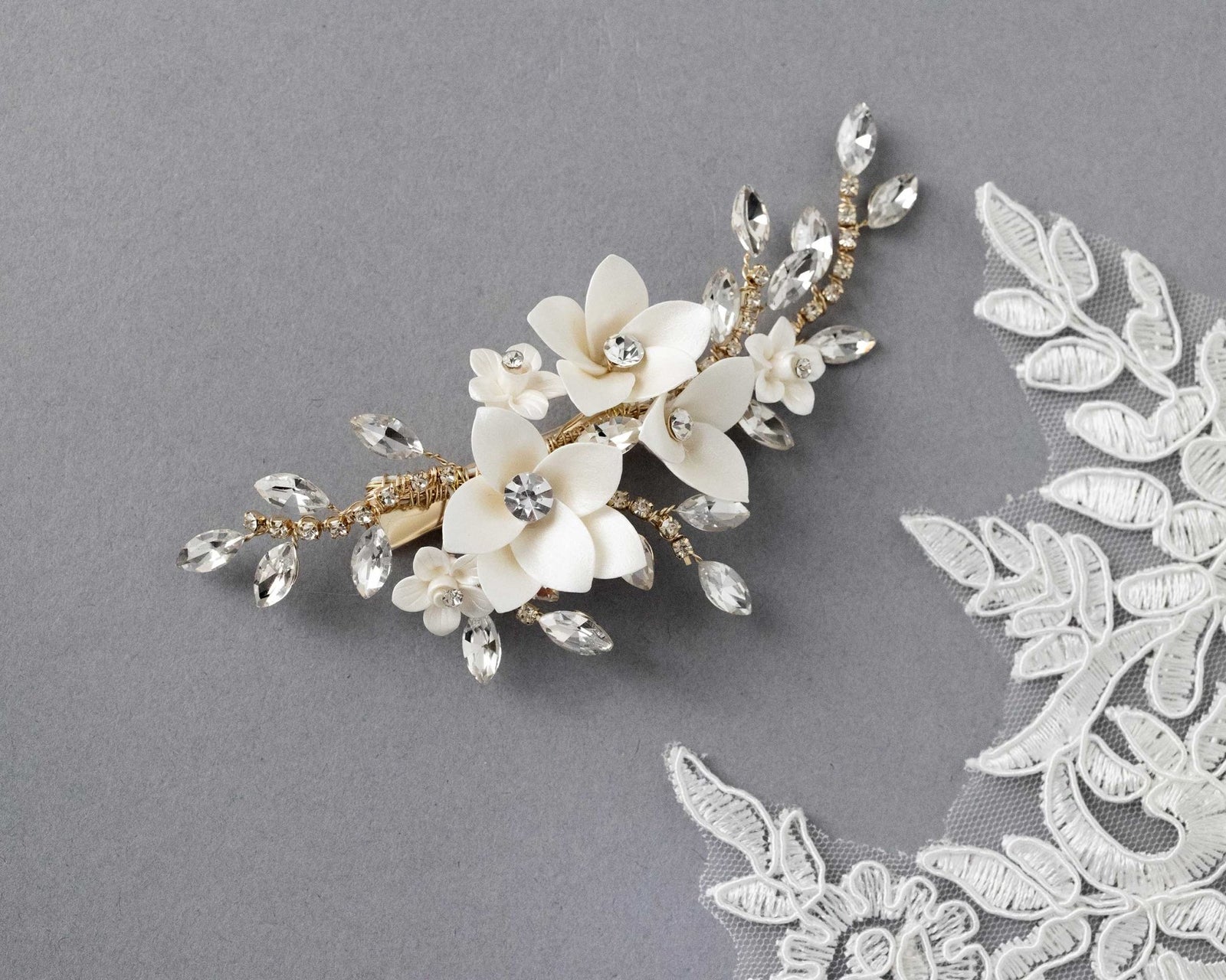 Shimmer Porcelain Flower Bridal Hair Clip - Hair Clips - Cassandra Lynne