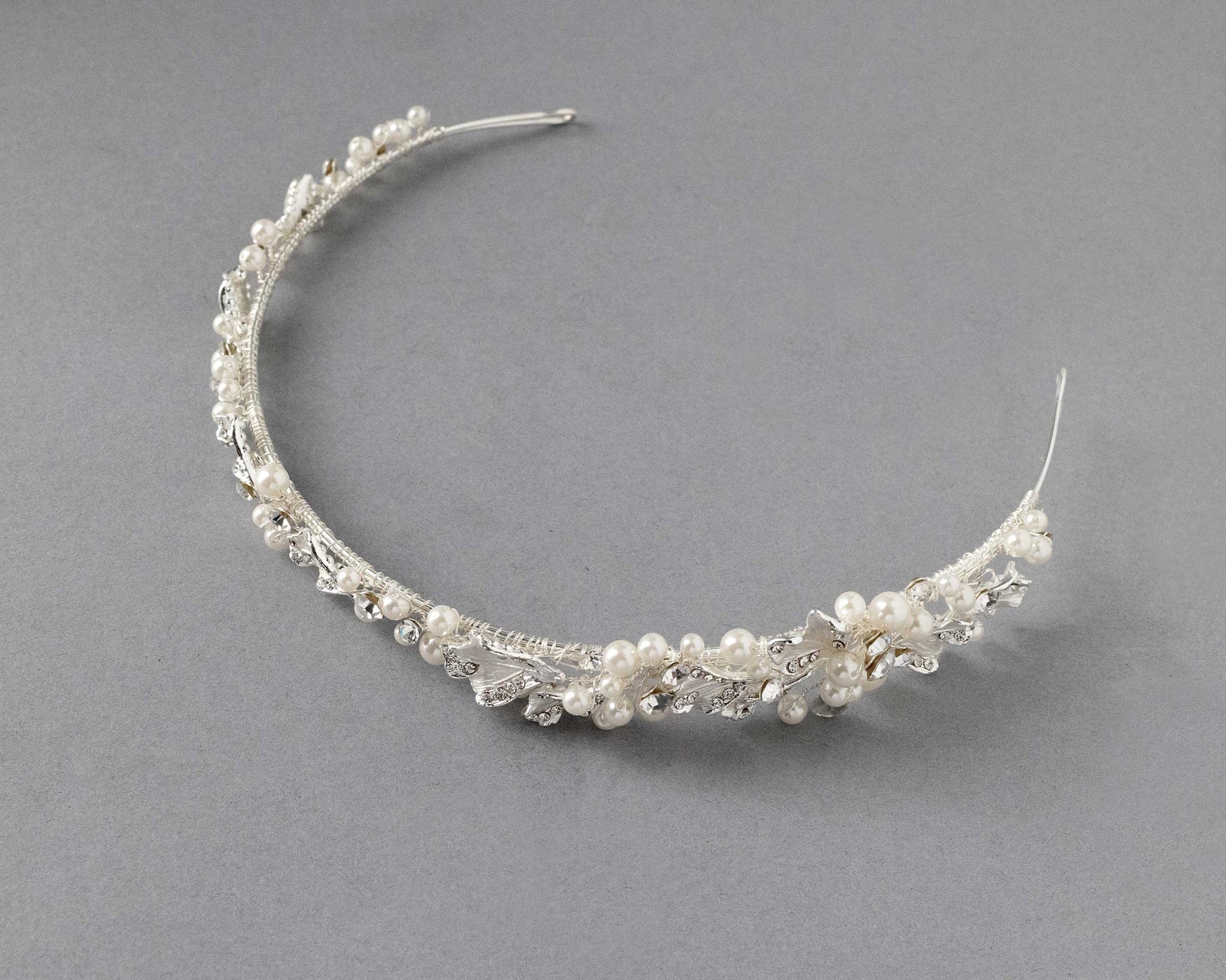 Side Accent Bridal Headband with Silver Leaves