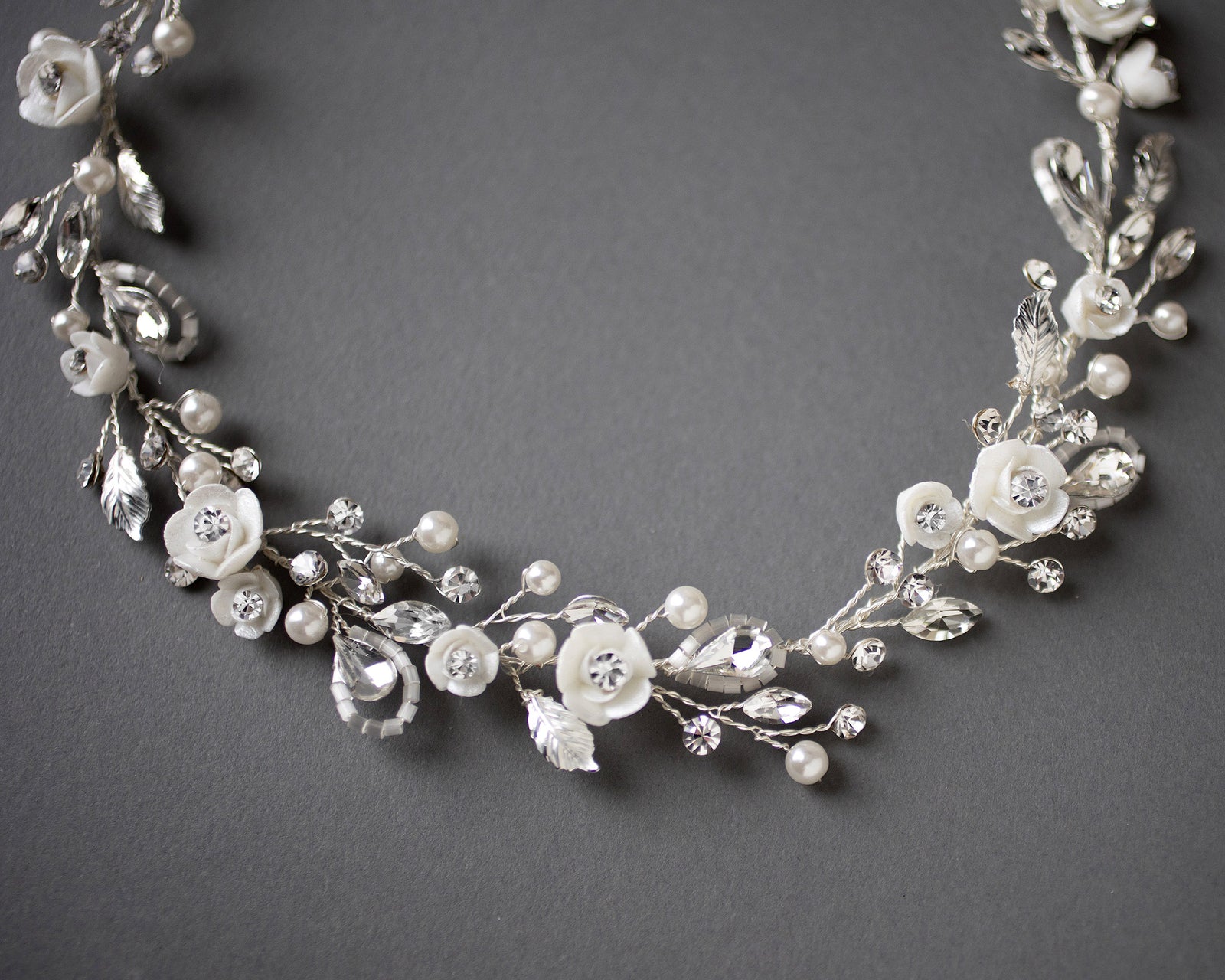 Bridal Hair Vine with Porcelain Flowers - Cassandra Lynne