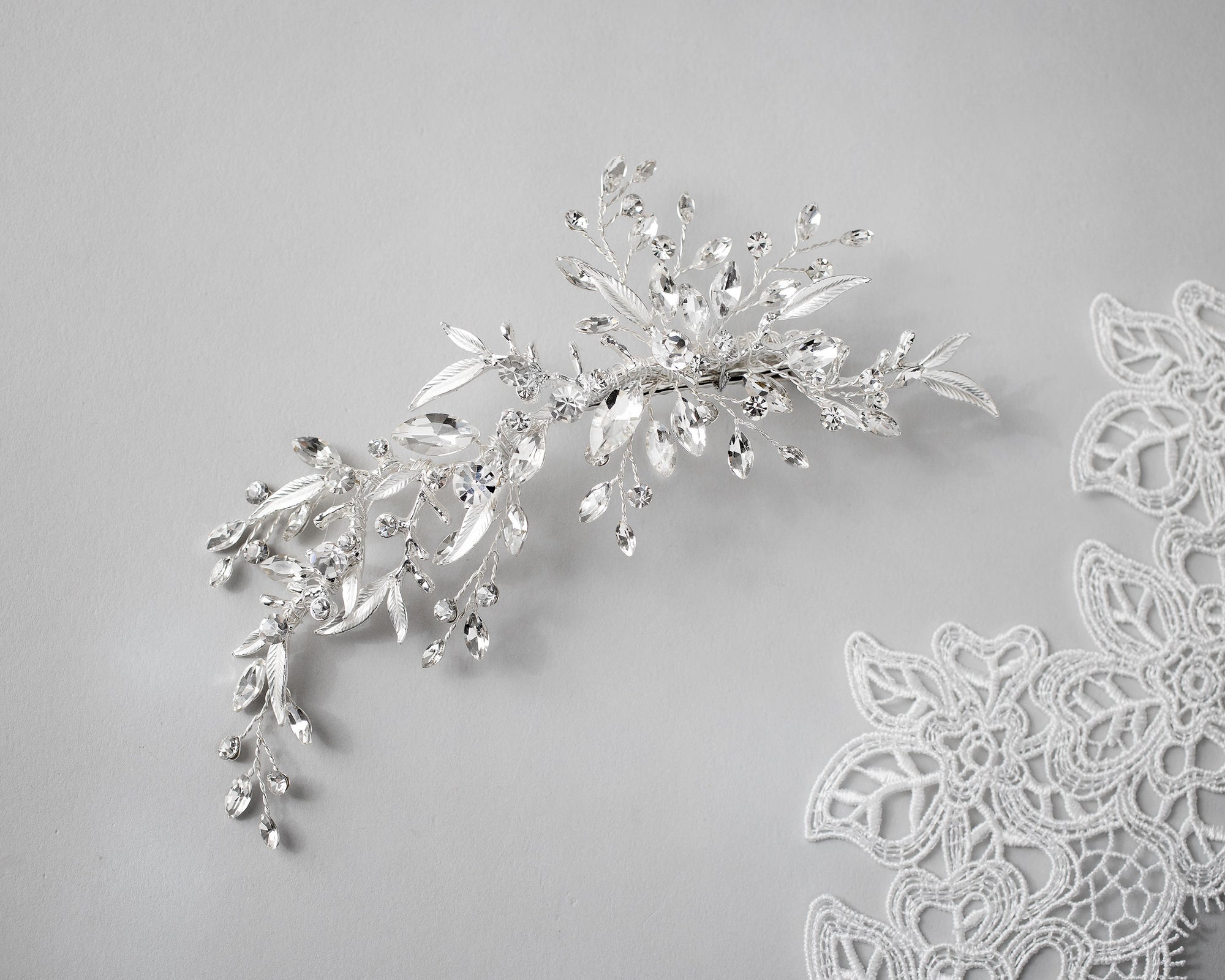 Bridal Hair Clip of Silver Narrow Leaves and Crystals- Cassandra Lynne