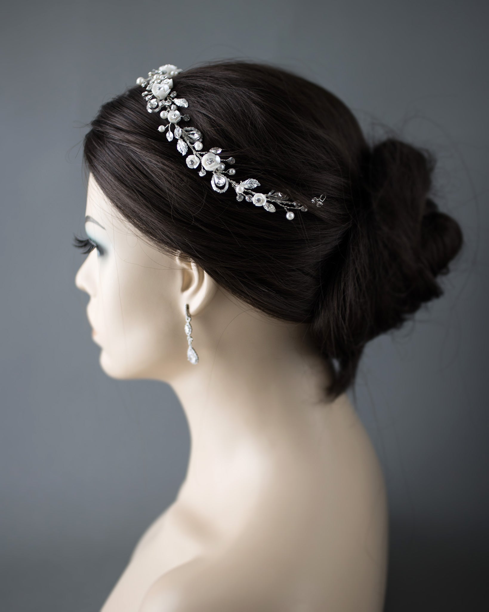 Bridal Hair Vine with Porcelain Flowers - Cassandra Lynne