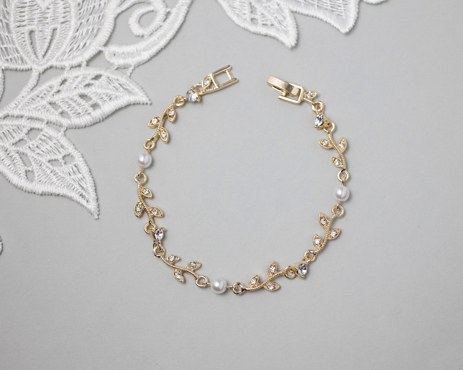 Simple Crystal Vine Necklace, Earrings, and Bracelet with Pearls
