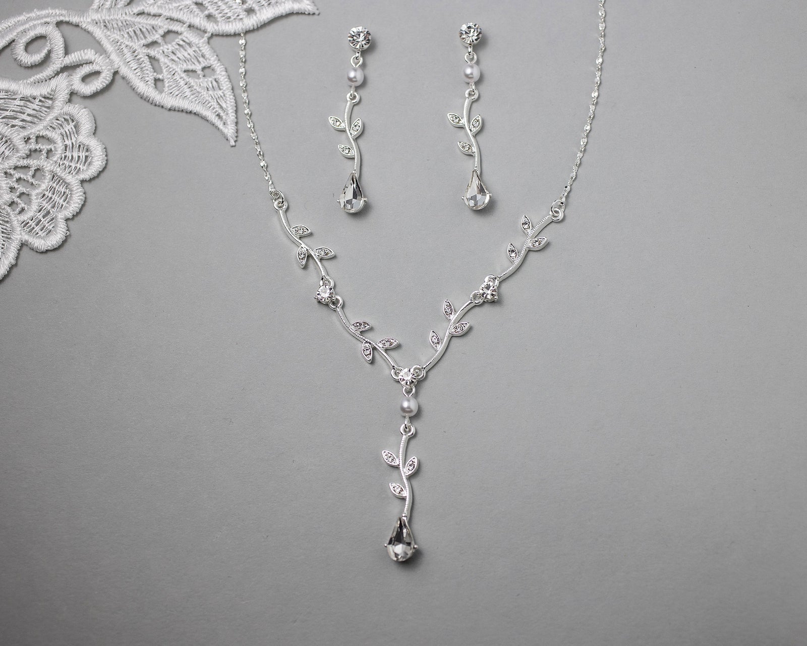 Simple Crystal Vine Necklace, Earrings, and Bracelet with Pearls