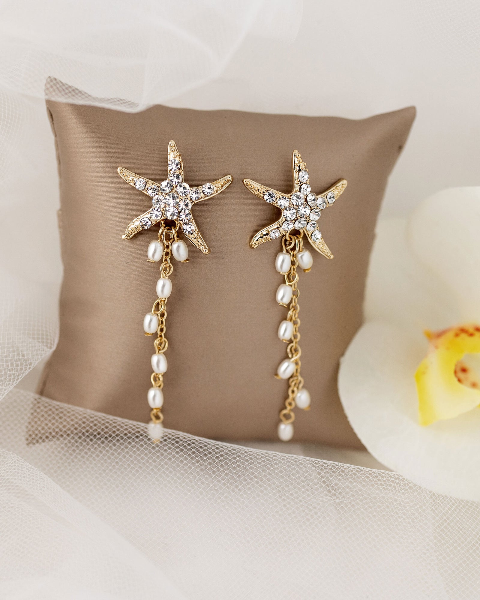 Crystal Starfish Pearl Dangle Earrings Gold - Cassandra Lynne