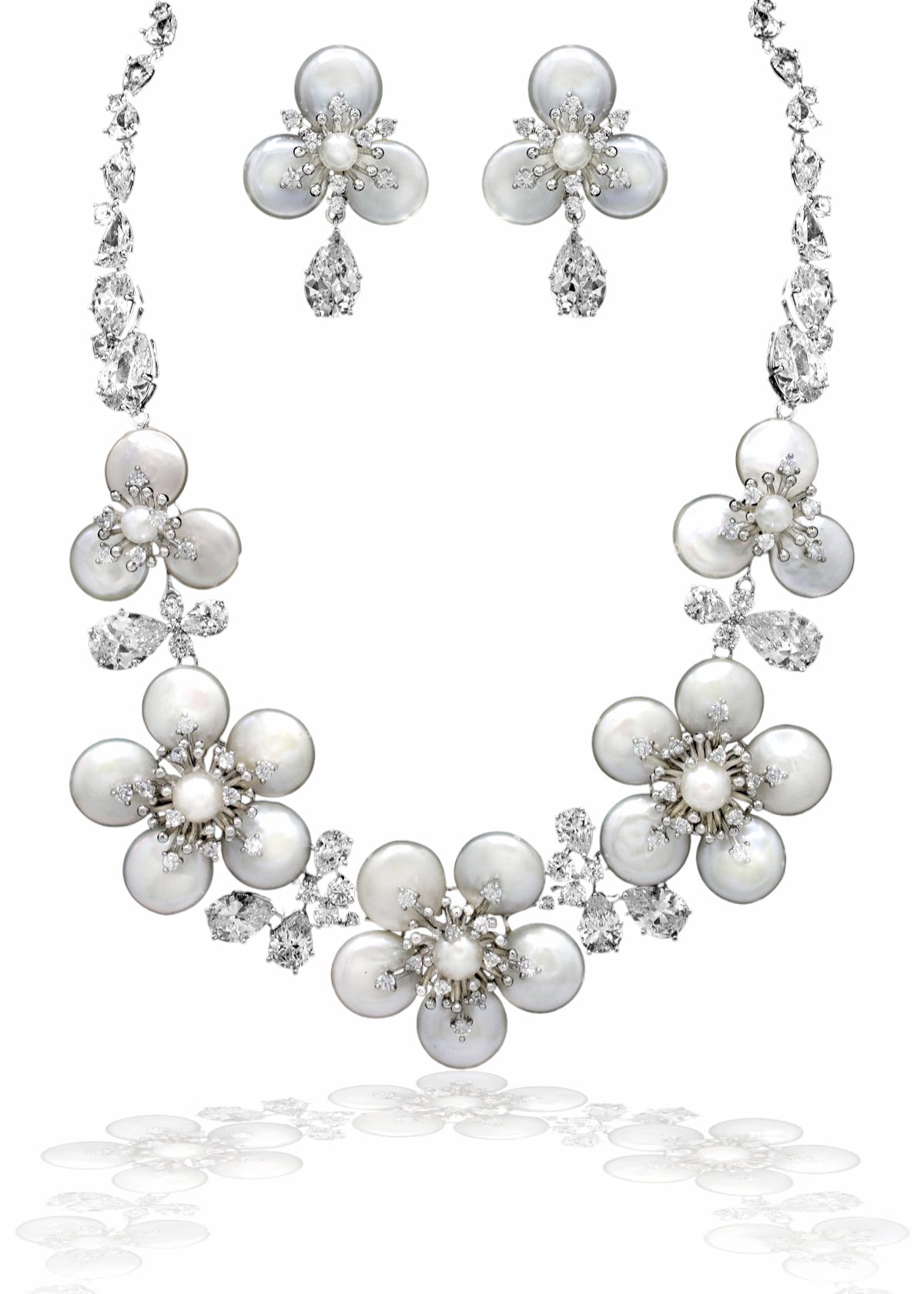 Statement Coin Pearl Flowers Wedding Necklace Set - Cassandra Lynne