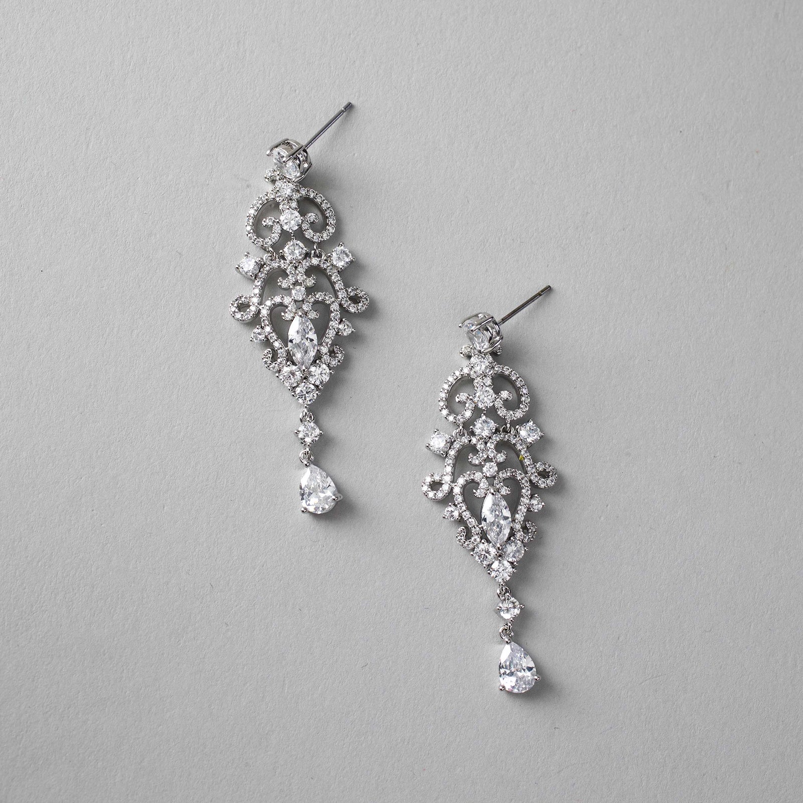Scrolling Mini Chandelier CZ Earrings Silver Wedding - Cassandra Lynne