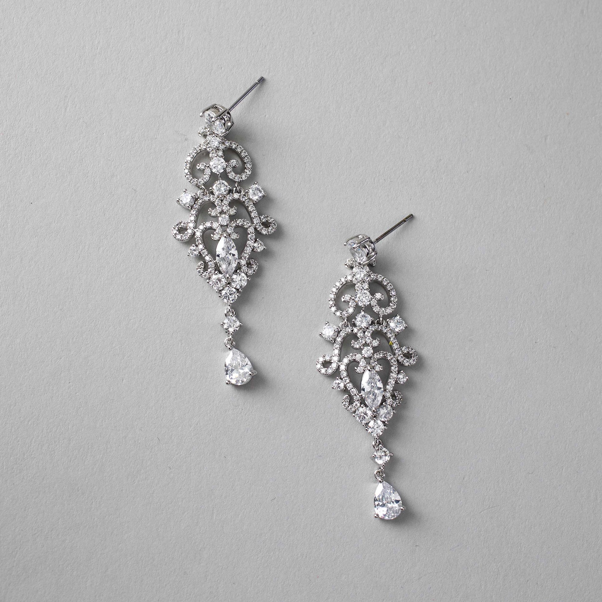 Scrolling Mini Chandelier CZ Earrings Silver Wedding - Cassandra Lynne