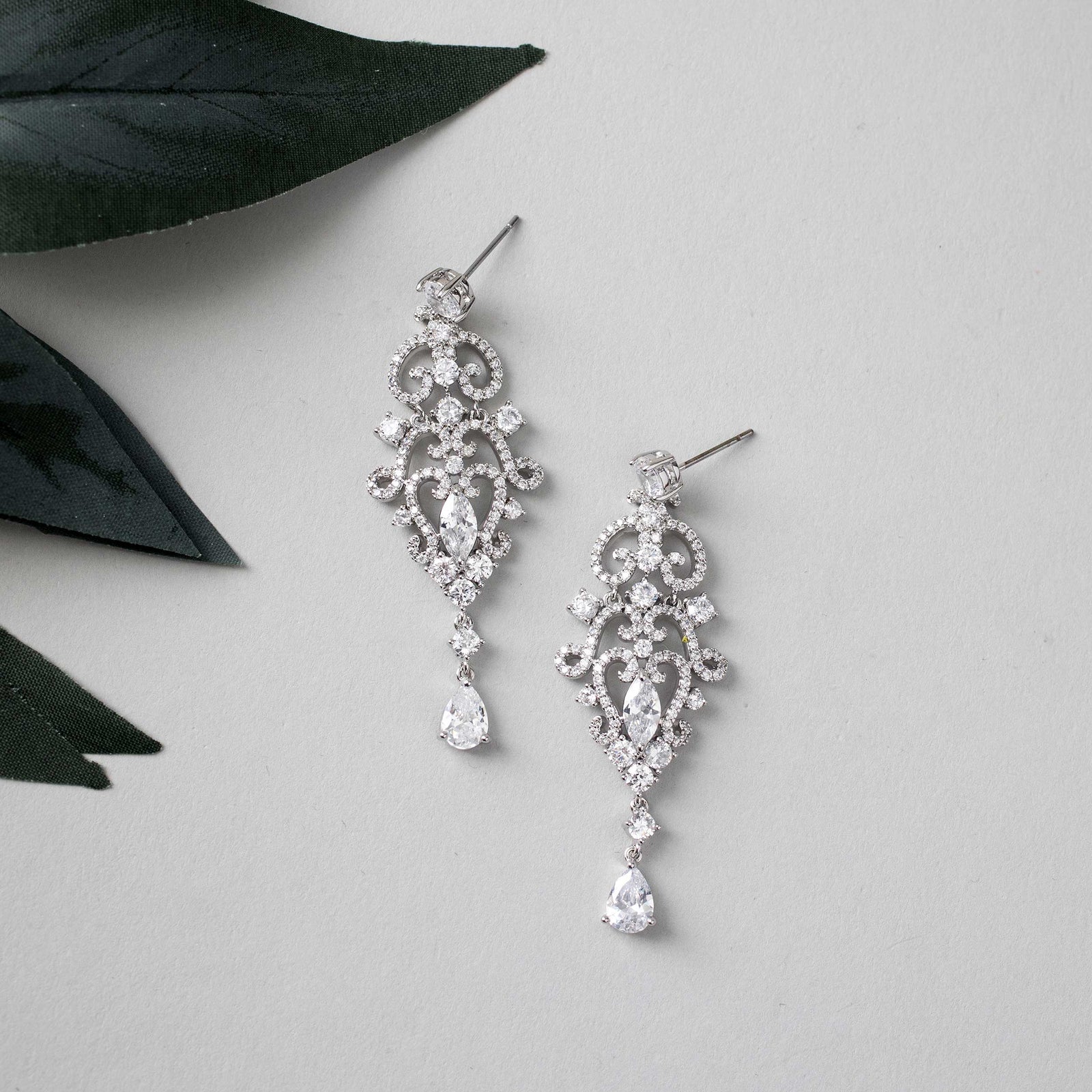 Scrolling Mini Chandelier CZ Earrings Silver Wedding -Cassandra Lynne