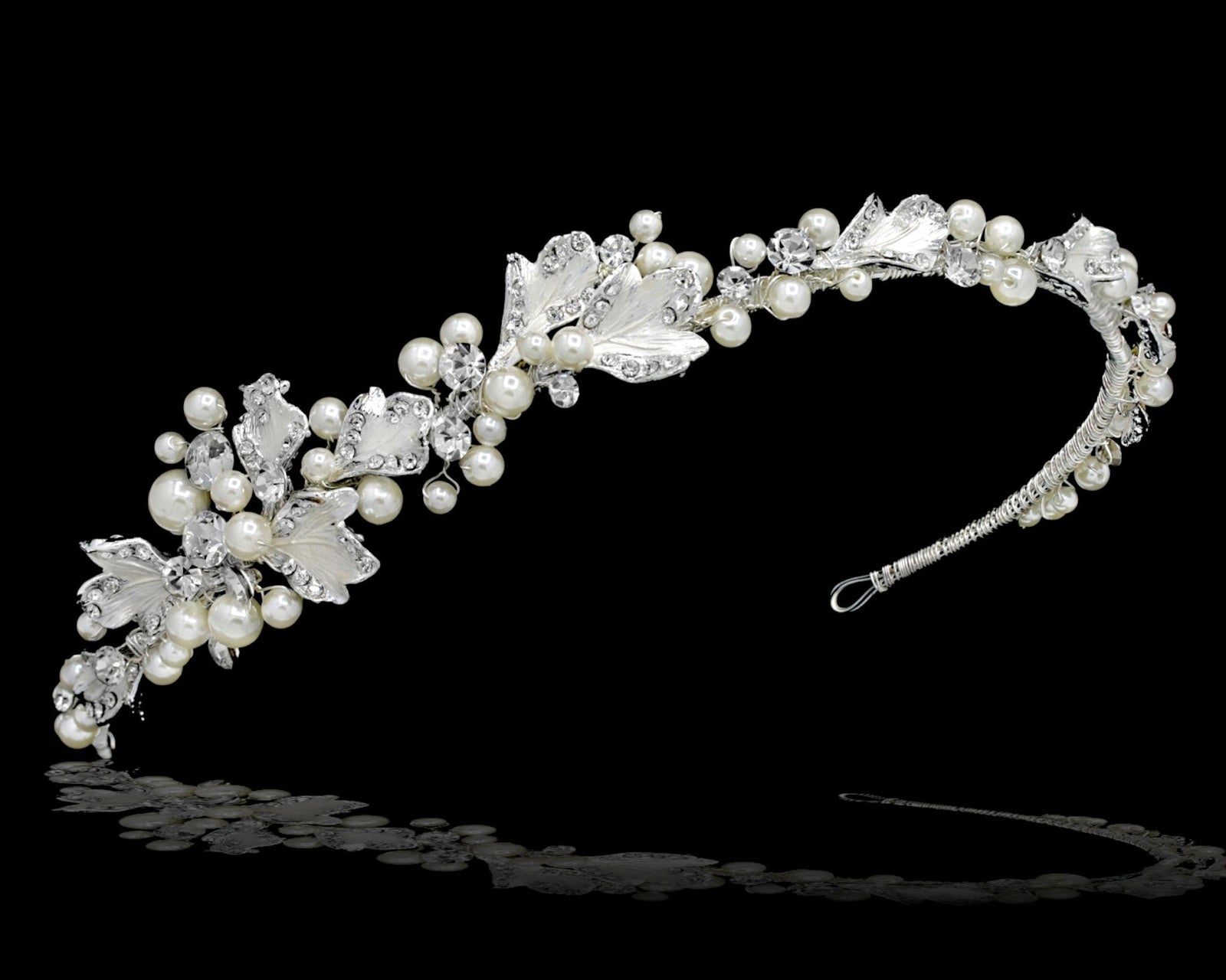 Side Accent Bridal Headband with Silver Leaves