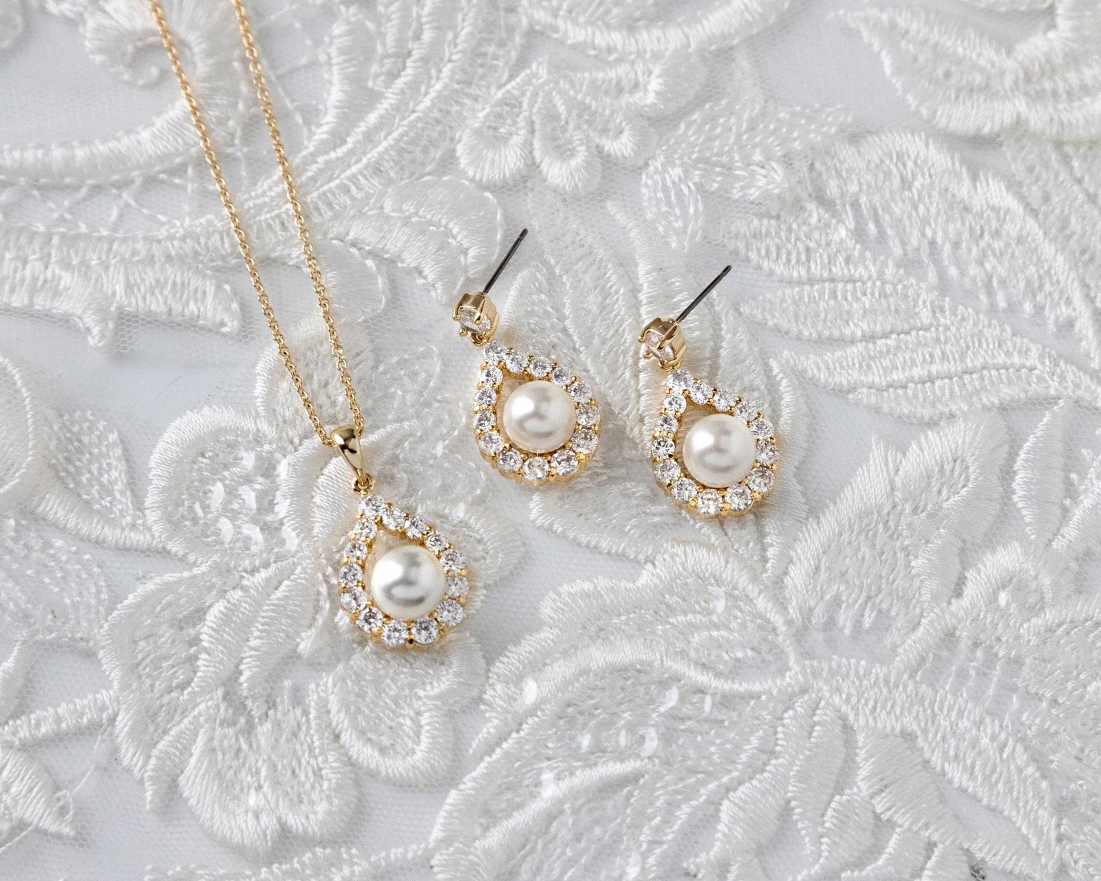 Wedding Jewelry Set of Pearl Drops Necklace - Necklace Set - Cassandra Lynne