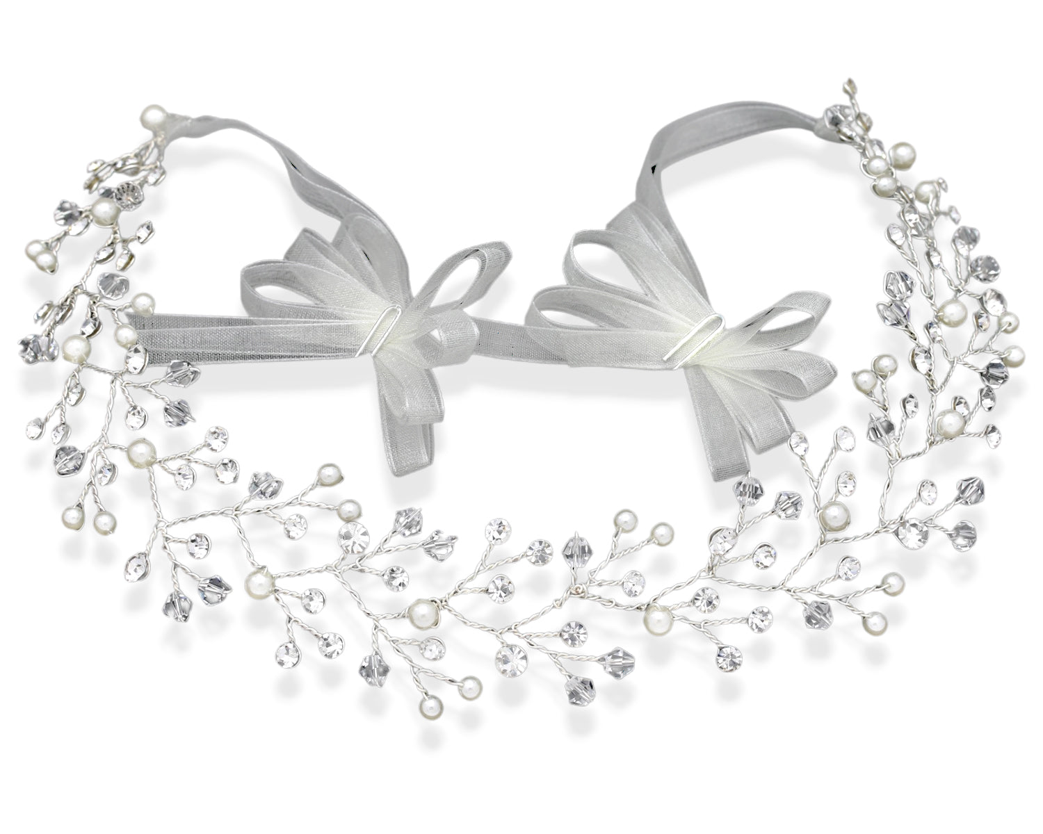 Silver Handwired Pearl and Crystal Bridal Headband - Cassandra Lynne