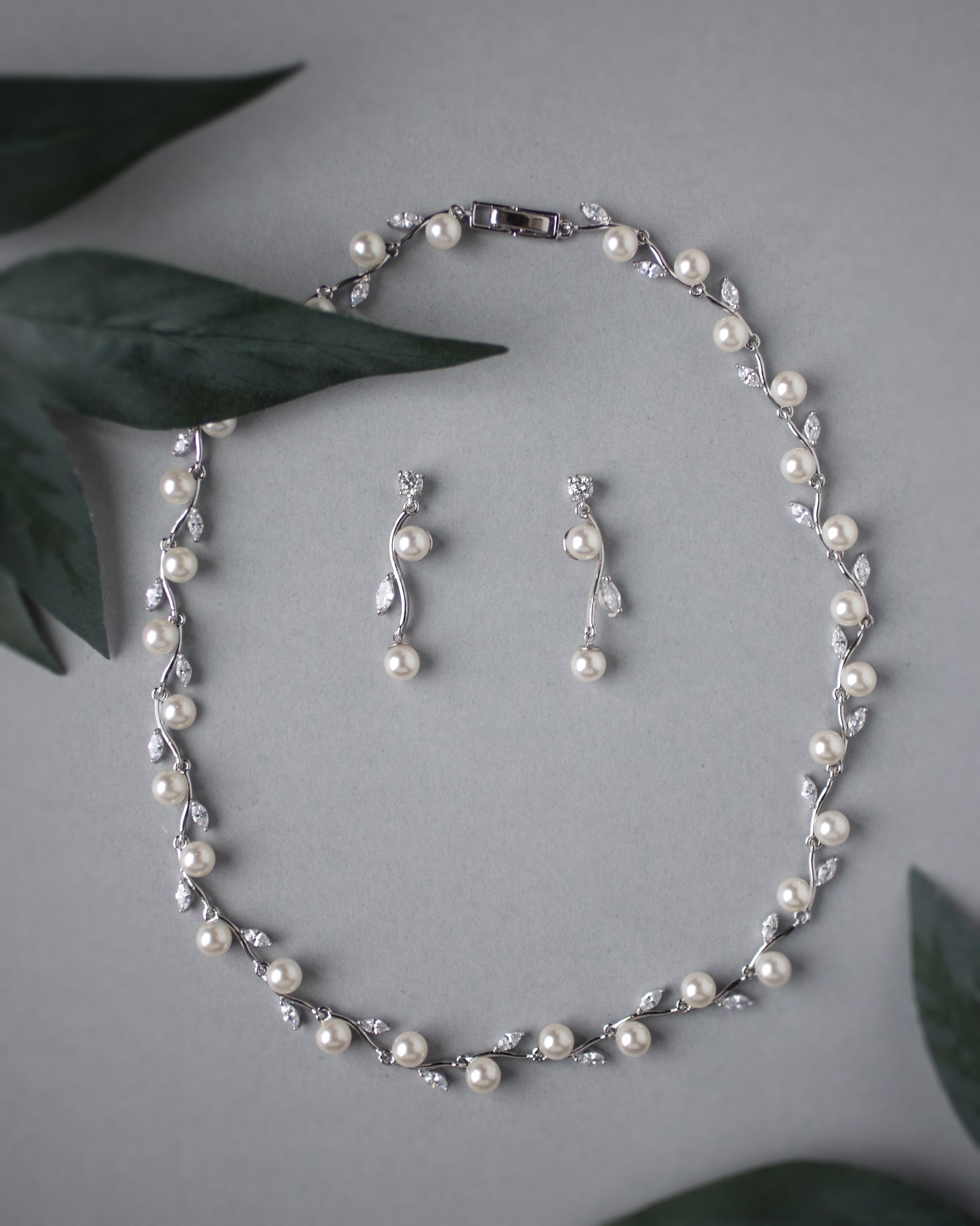 Pearl and CZ Leaves Necklace Set - Cassandra Lynne
