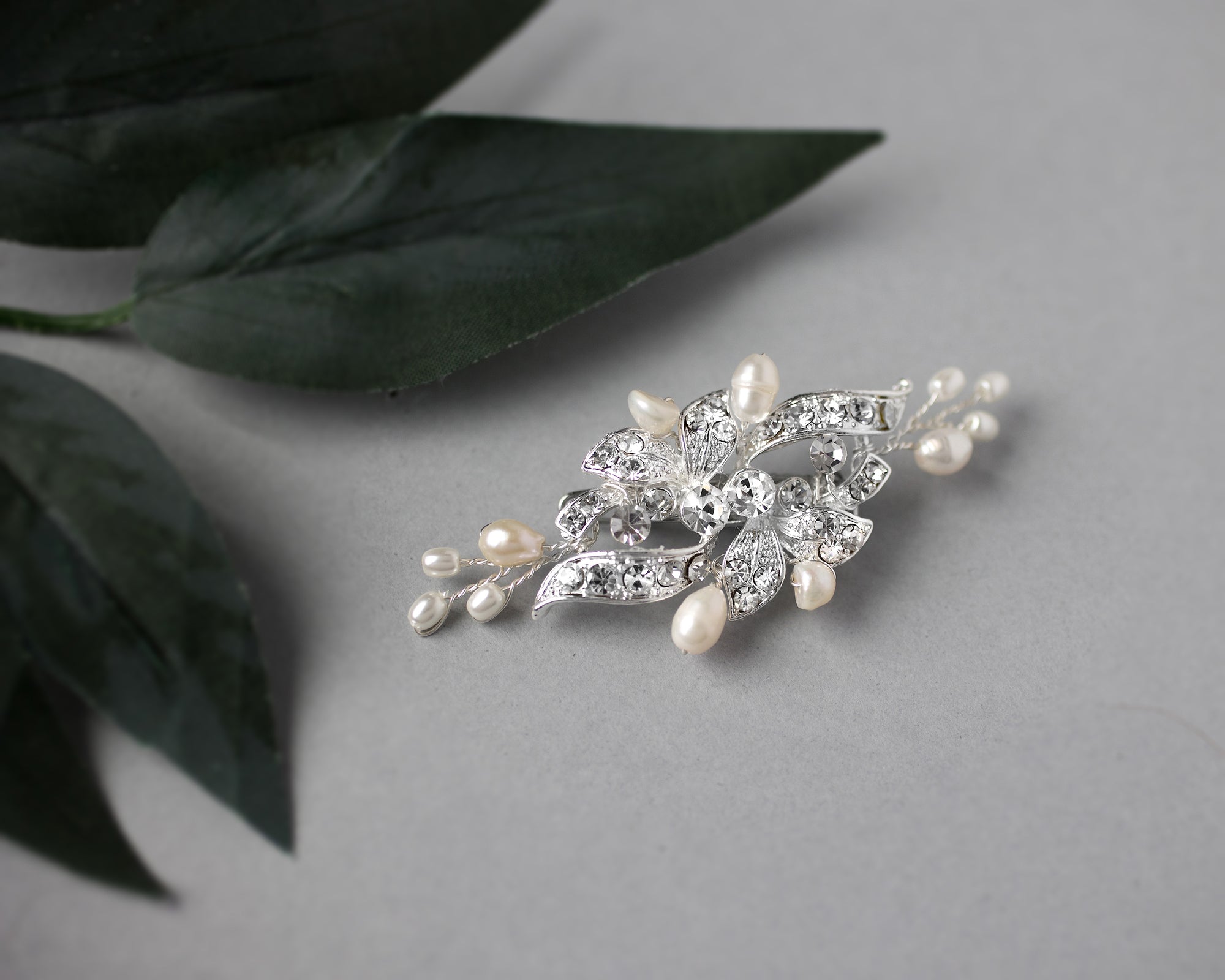 Small Crystal and Pearl Floral Hair Barrette - Cassandra Lynne