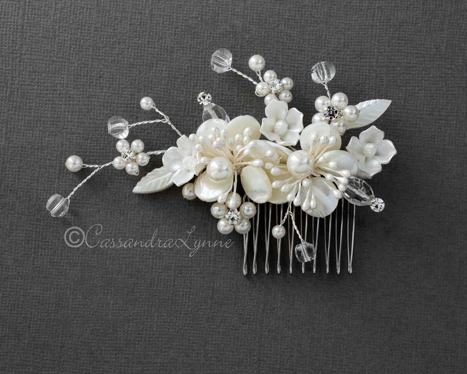 Beach Wedding Comb of Shell Flowers and Crystal - Cassandra Lynne