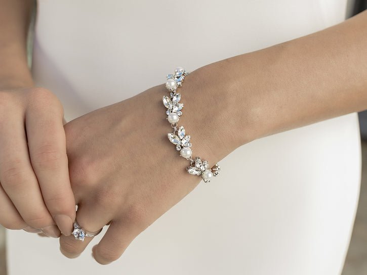 Bracelet of Pearl and Rhinestone Leaf - Cassandra Lynne