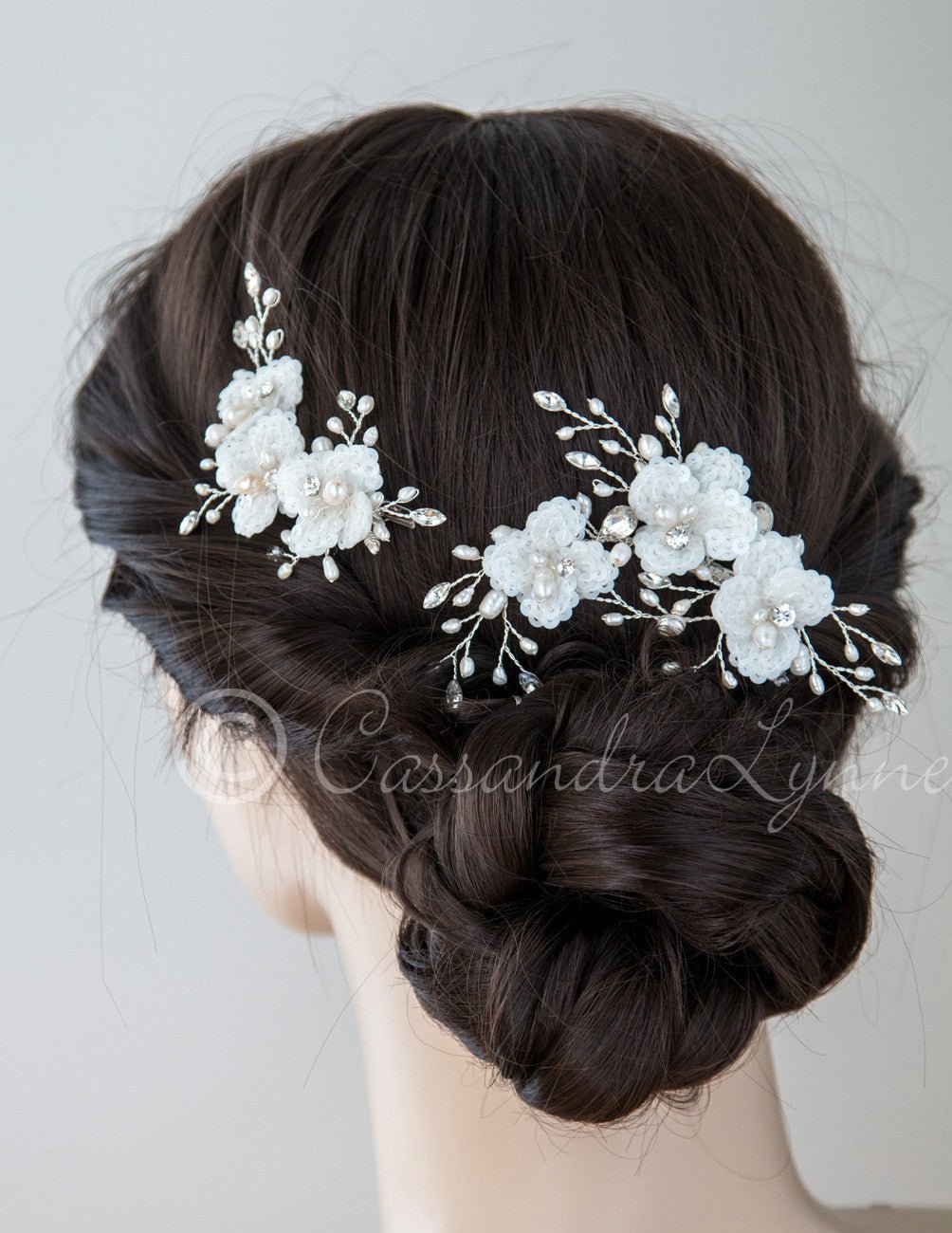 Bridal Clip Set of Sequin Flowers and Pearls - Cassandra Lynne