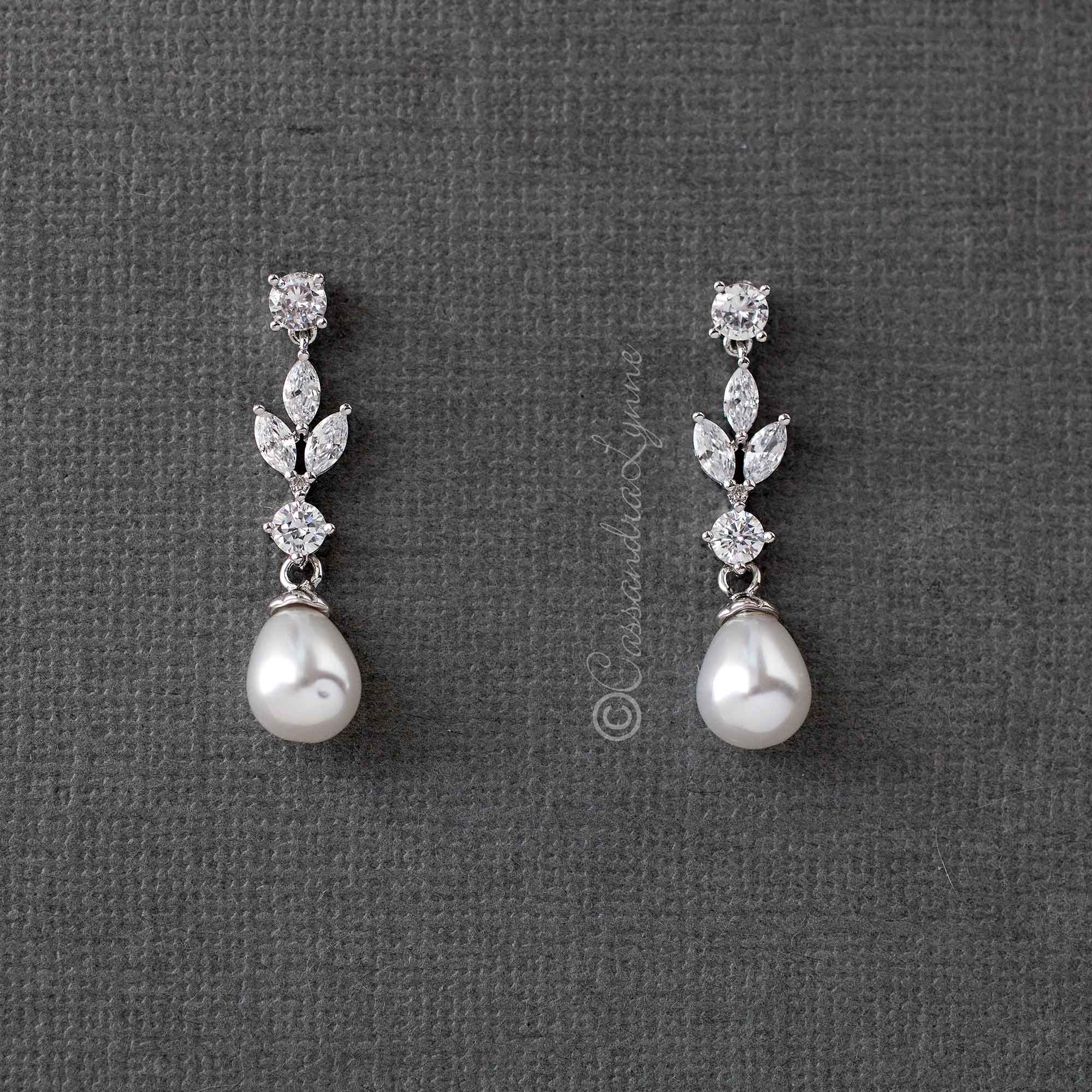 Bridal Earrings of Teardrop Pearls and CZ - Cassandra Lynne