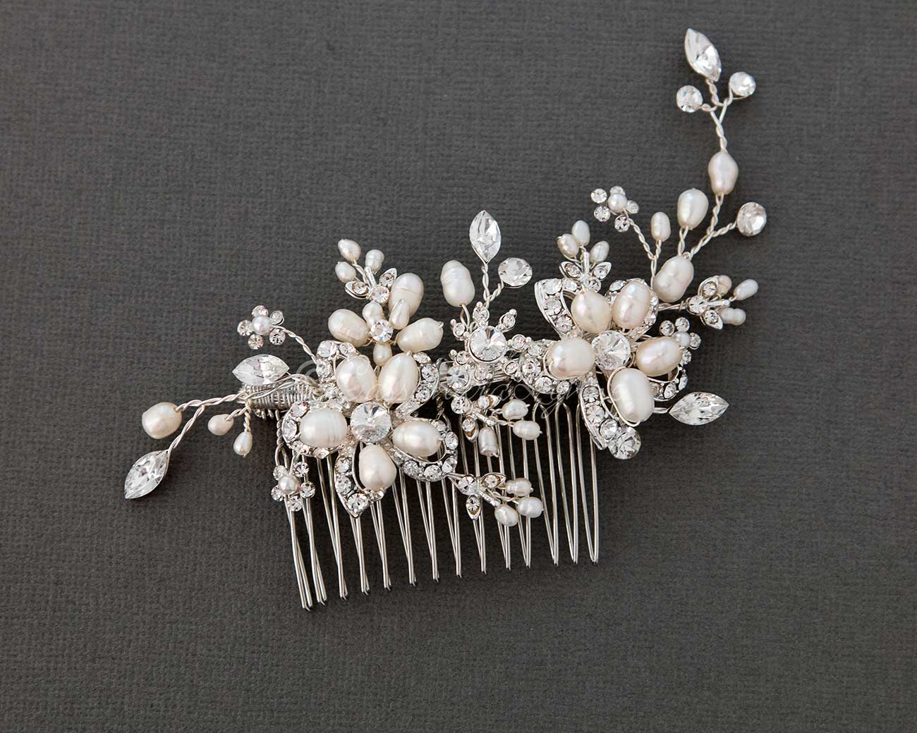 Bridal Hair Comb with Pearl Rhinestone Flowers - Cassandra Lynne