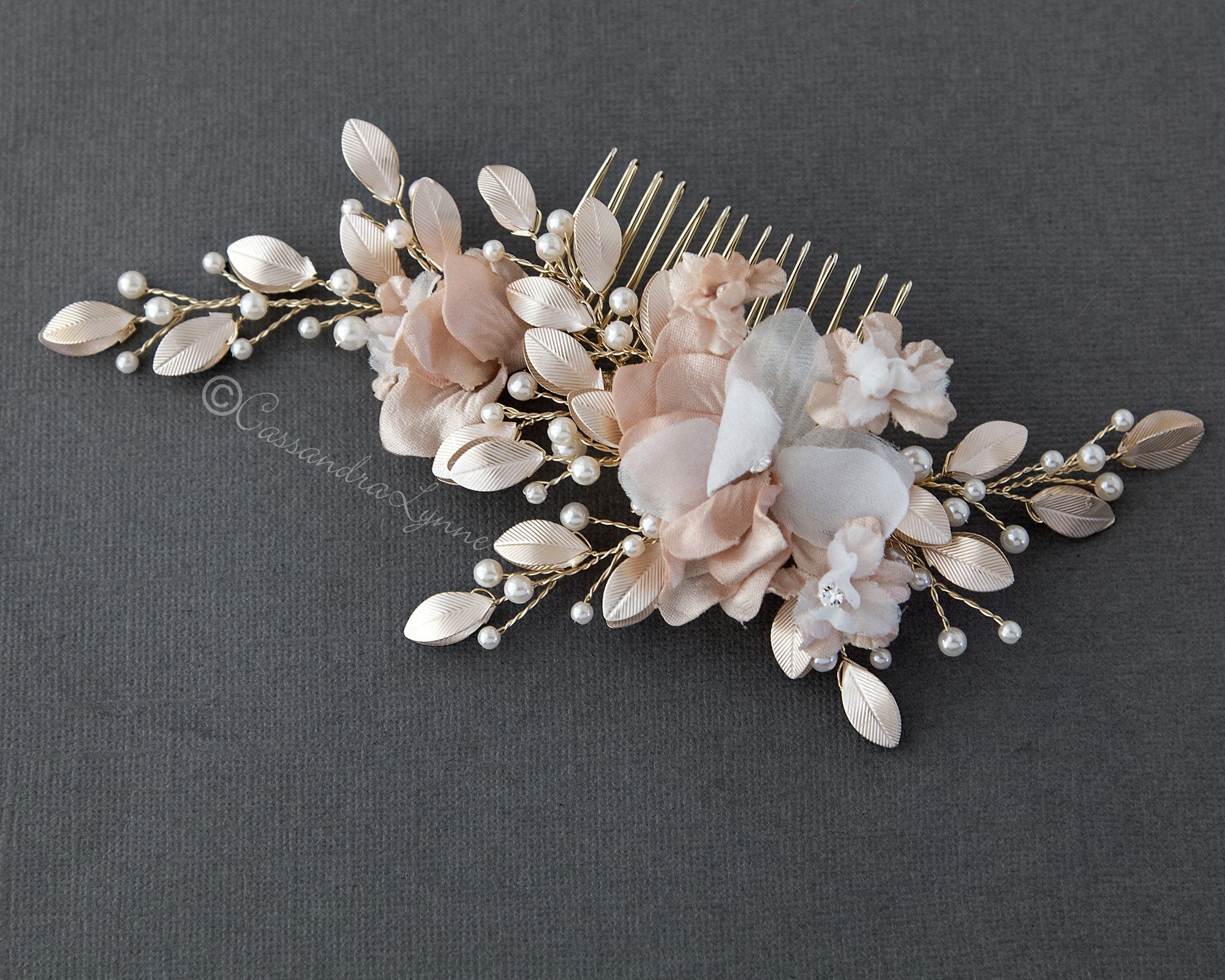 Bridal Hair Flower in Ivory and Light Gold - Cassandra Lynne