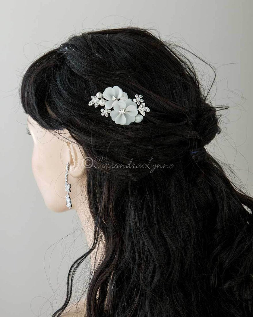 Bridal Hair Pin of Ivory Fabric Flowers and Pearls - Cassandra Lynne