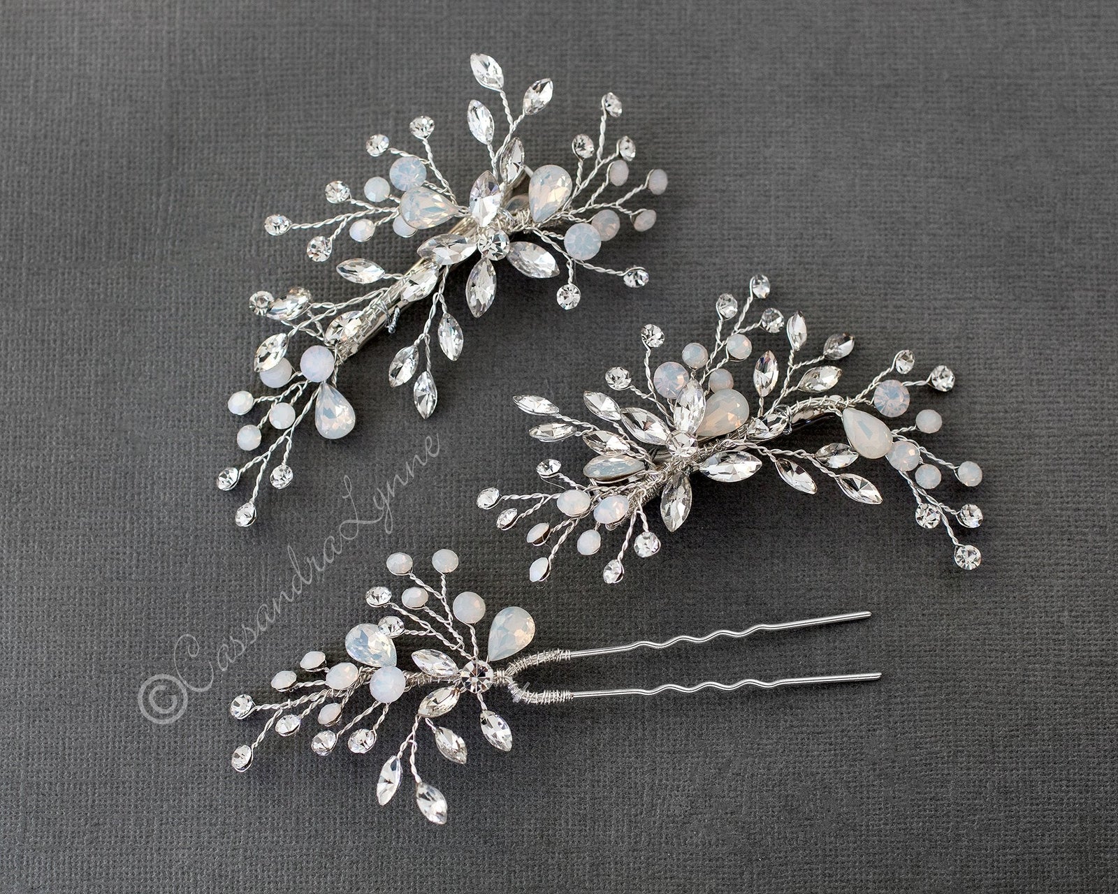 Bridal Hair Pin Set of Opal and Clear Crystals - Cassandra Lynne