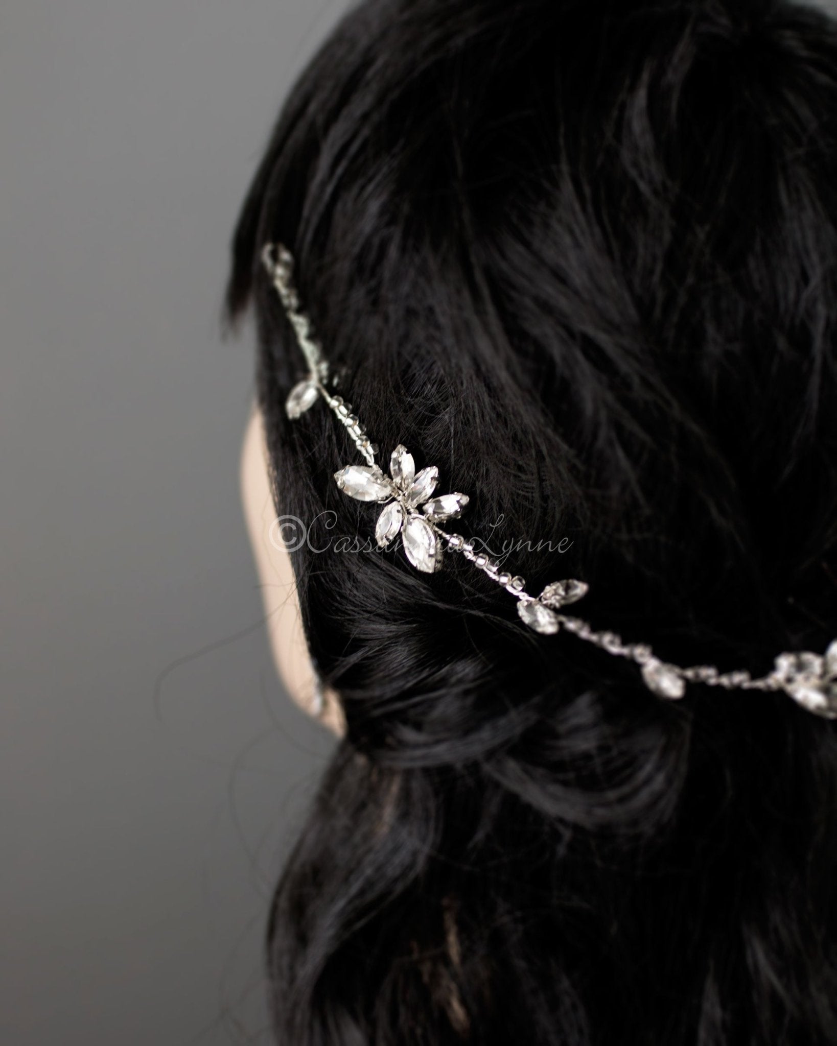 Minimalist Bridal Hair Vine of Beads and Marquise Leaves - Cassandra Lynne