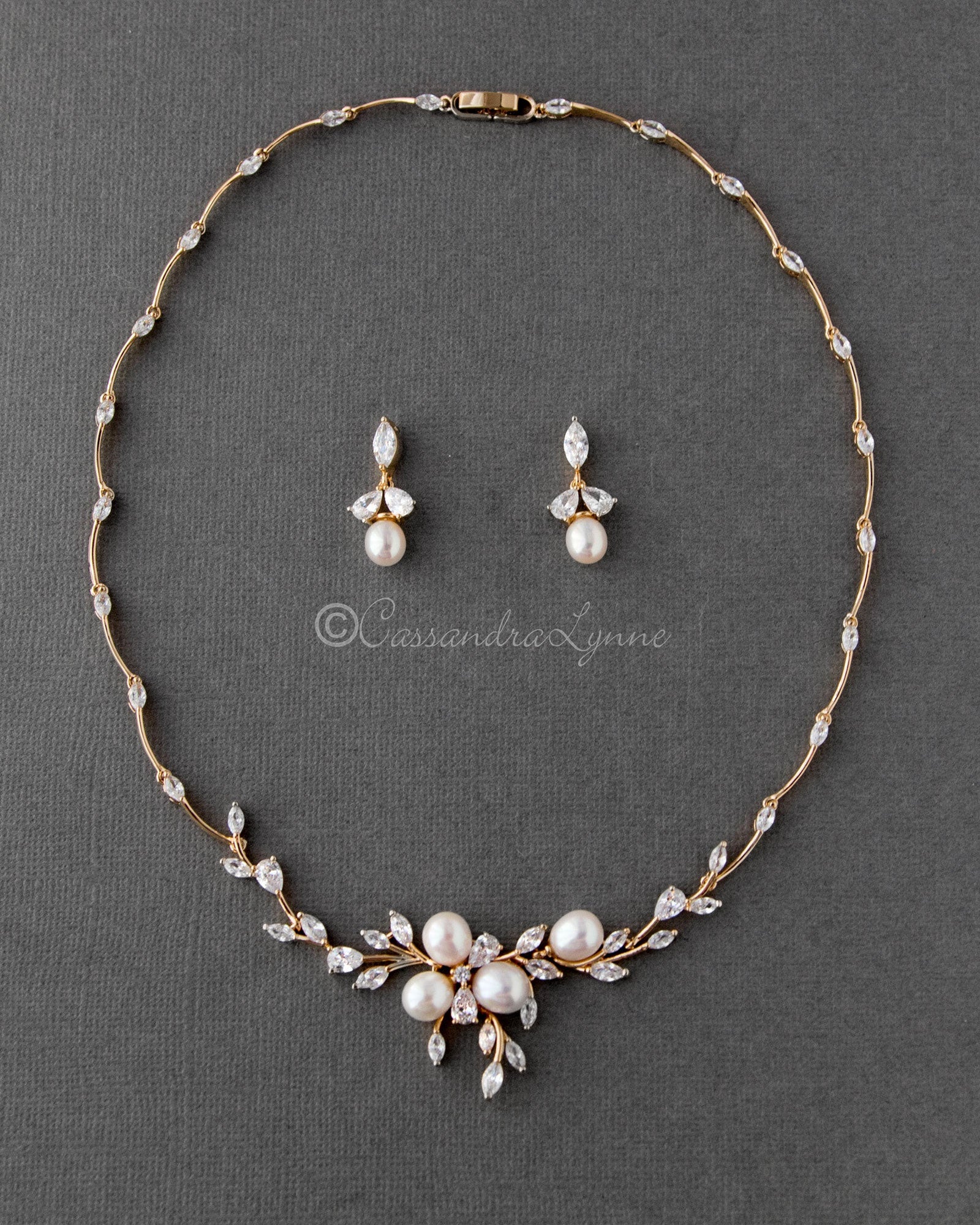 Bridal Jewelry Necklace Set with Pearl Flower and CZ - Cassandra Lynne