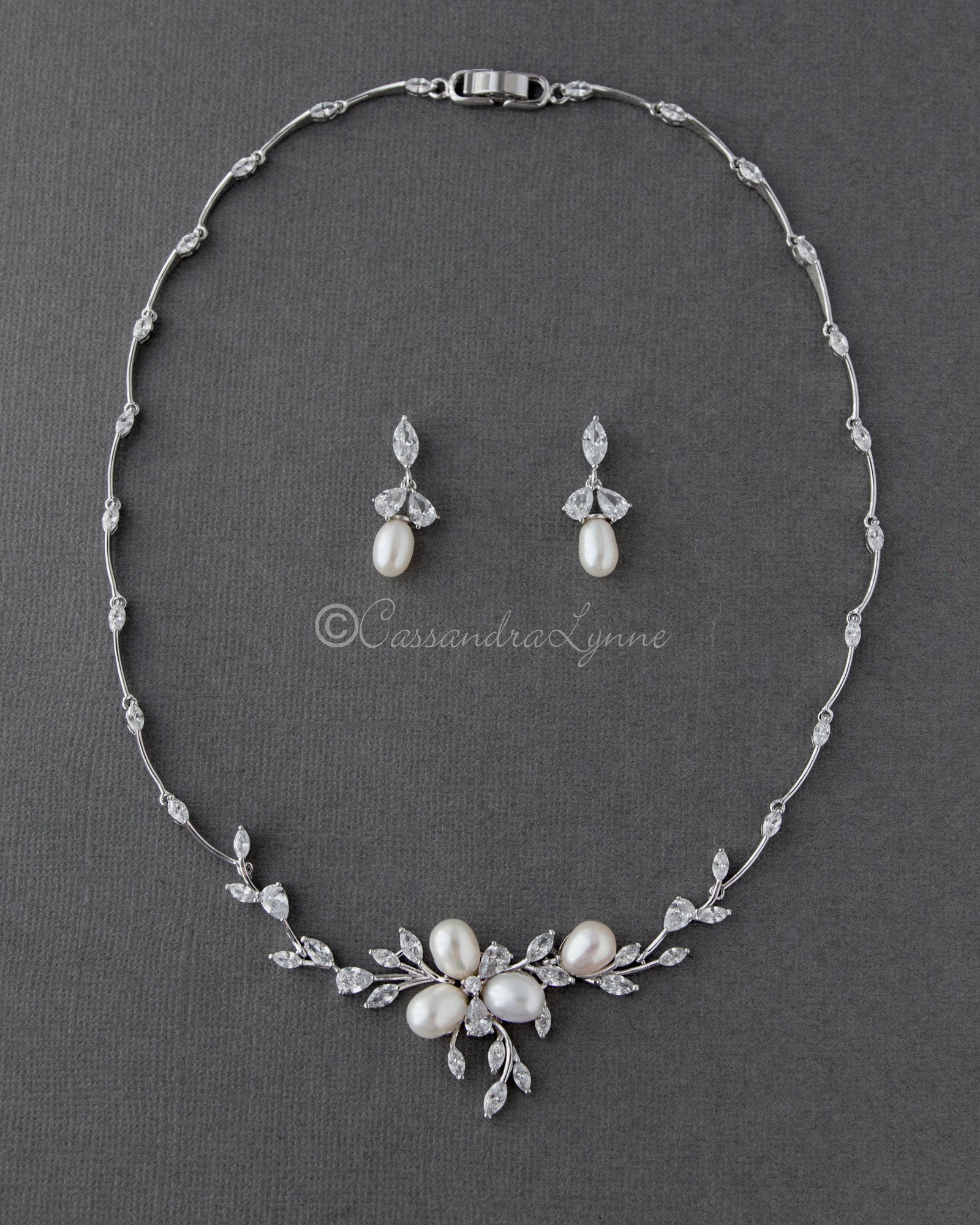 Bridal Jewelry Necklace Set with Pearl Flower and CZ - Cassandra Lynne