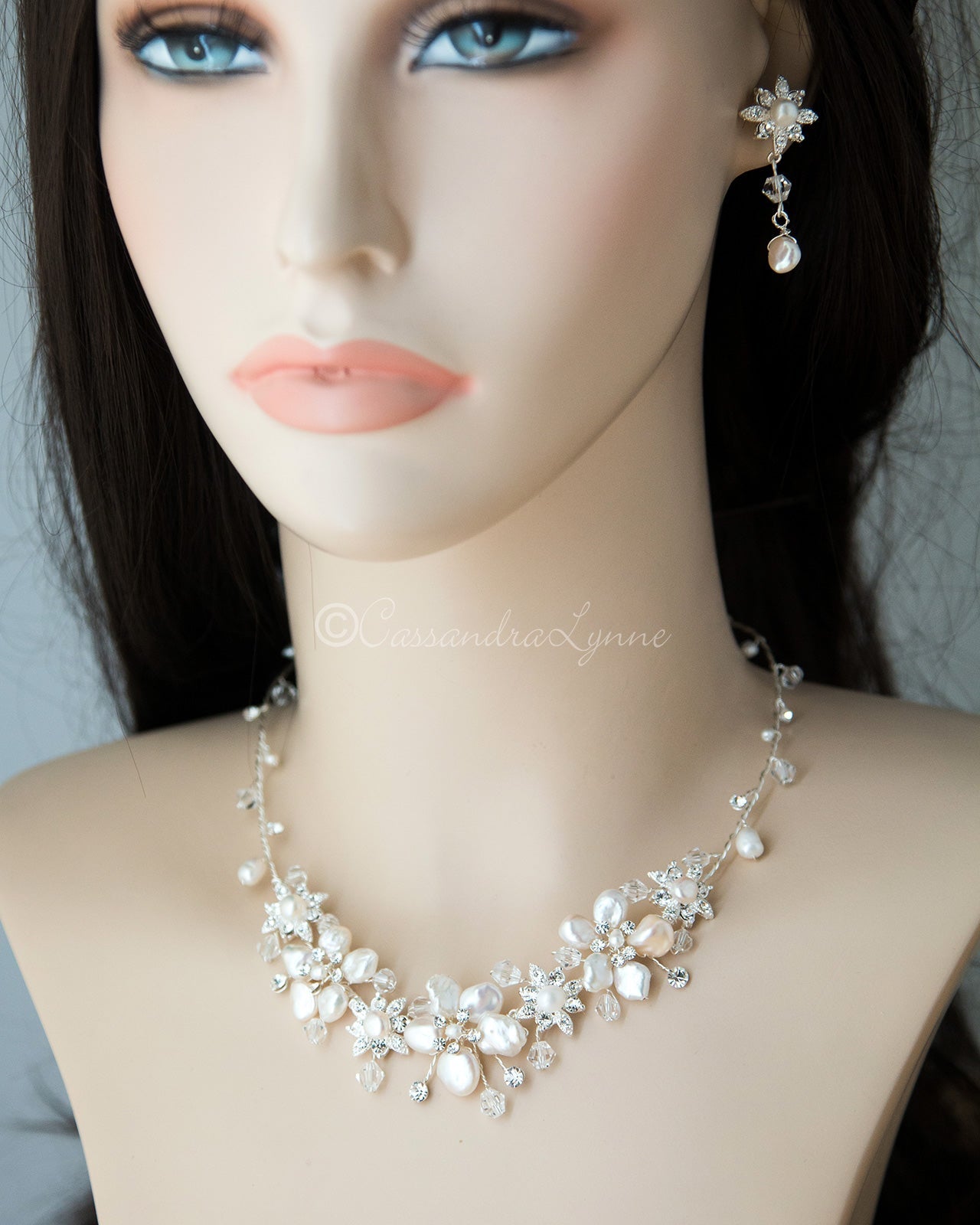 Bridal Necklace of Keshi Pearls and Crystals - Cassandra Lynne