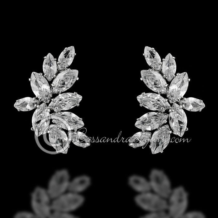 Clip-On CZ Bridal Earrings of Marquise Leaf Clusters - Cassandra Lynne