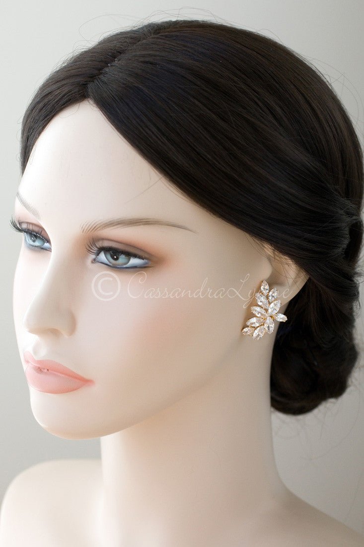 Clip-On CZ Bridal Earrings of Marquise Leaf Clusters - Cassandra Lynne