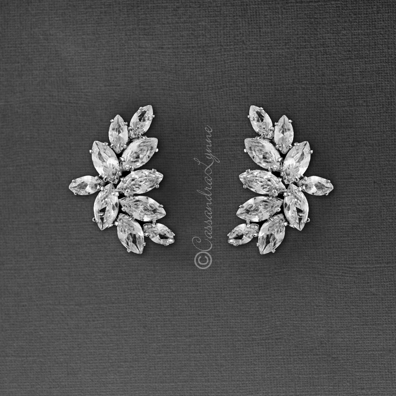 Clip-On CZ Bridal Earrings of Marquise Leaf Clusters - Cassandra Lynne