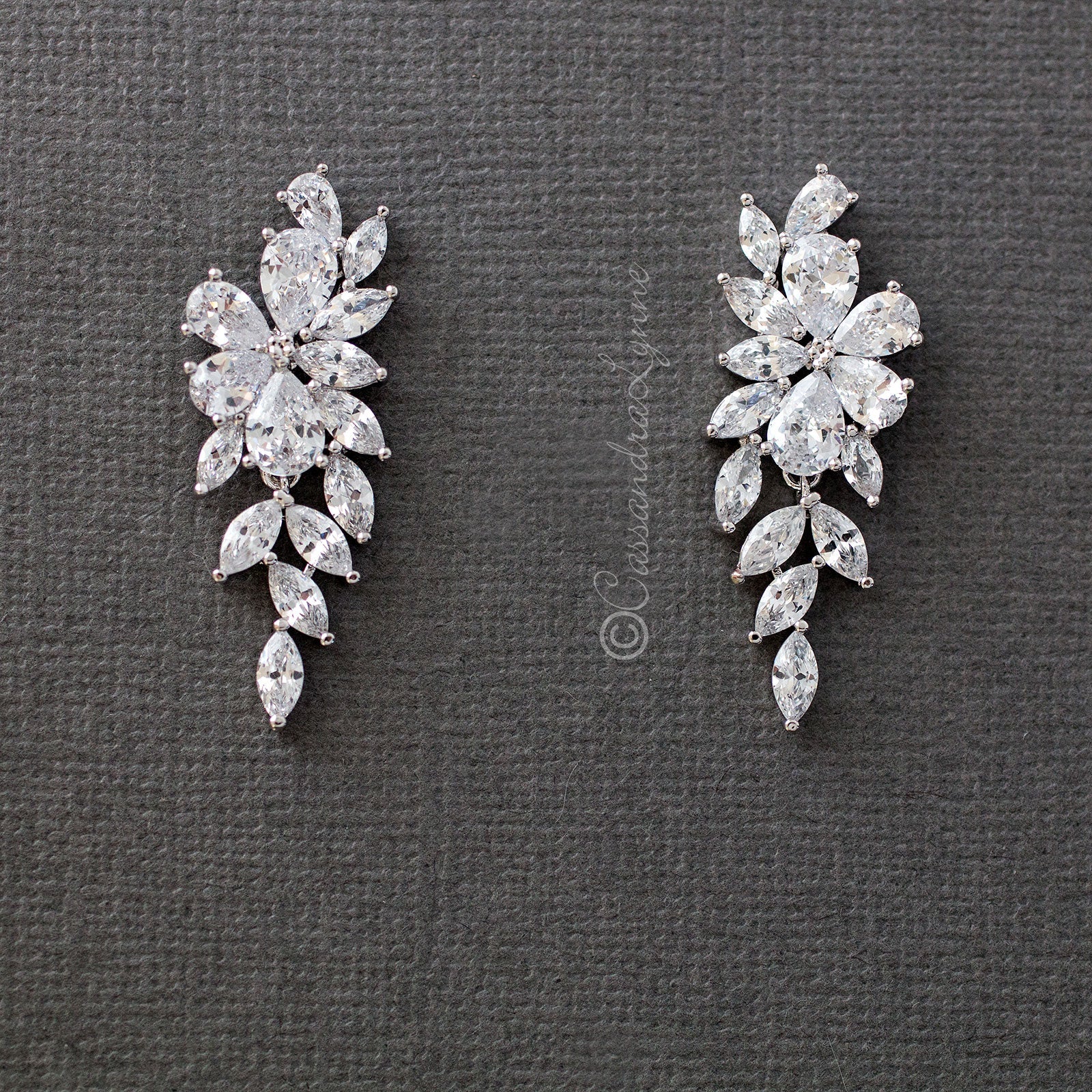 Clip-On CZ Earrings Teardrop Flower Vine Drop - Cassandra Lynne