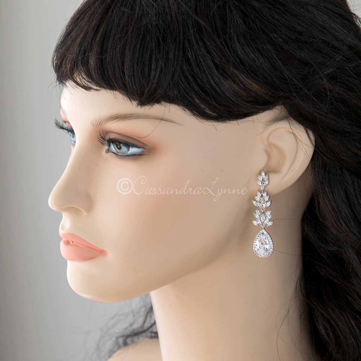 Clip-On CZ Vine Pear Drop Wedding Earrings - Cassandra Lynne