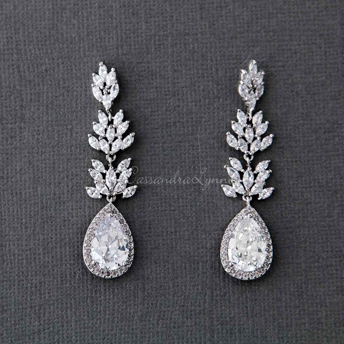 Clip-On CZ Vine Pear Drop Wedding Earrings - Cassandra Lynne
