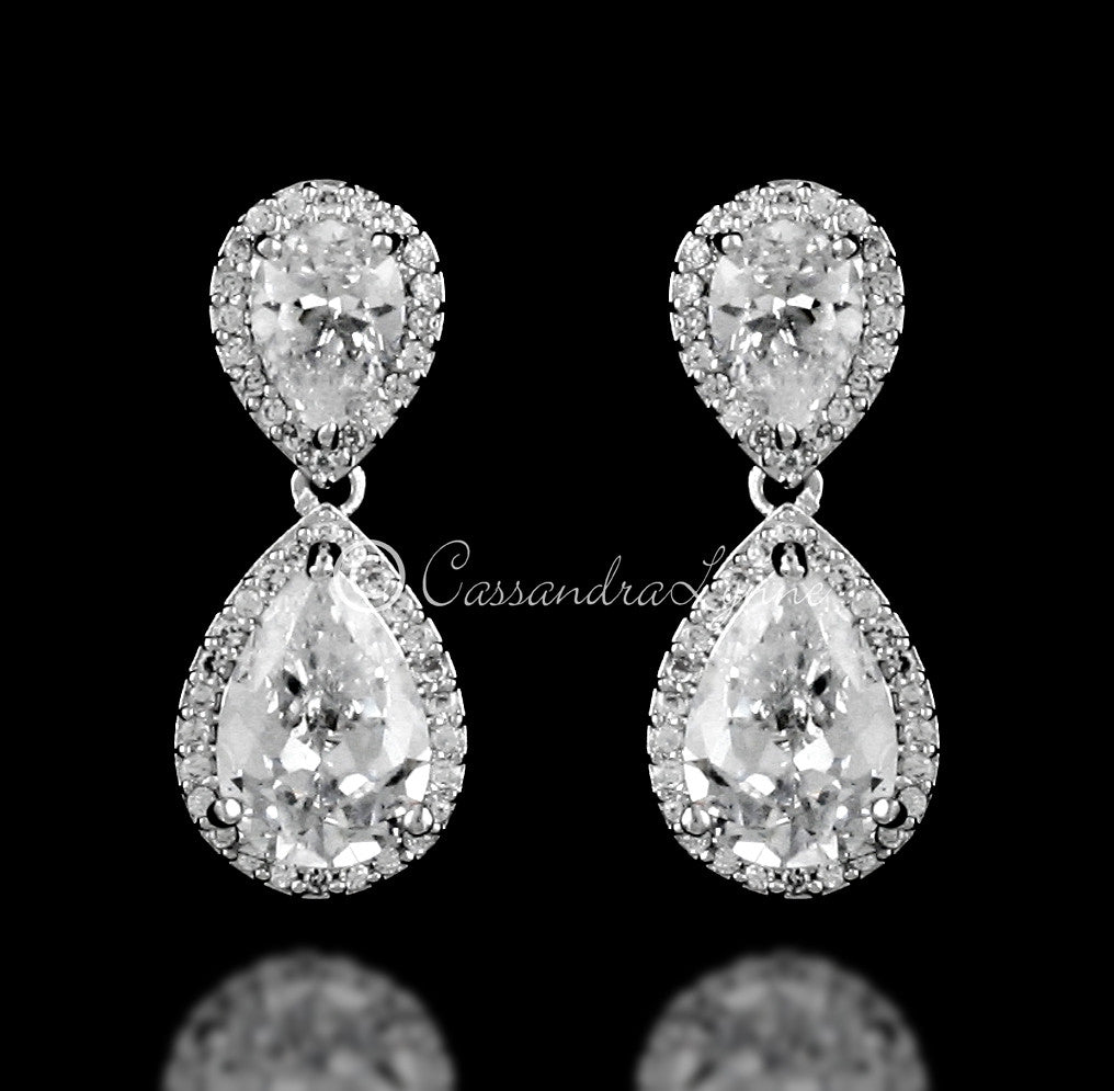 Clip-On Double Teardrop Cut CZ Drop Earrings - Cassandra Lynne
