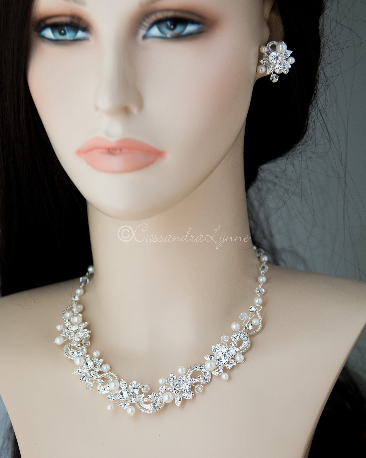 Crystal and Pearl Bridal Necklace Set - Cassandra Lynne
