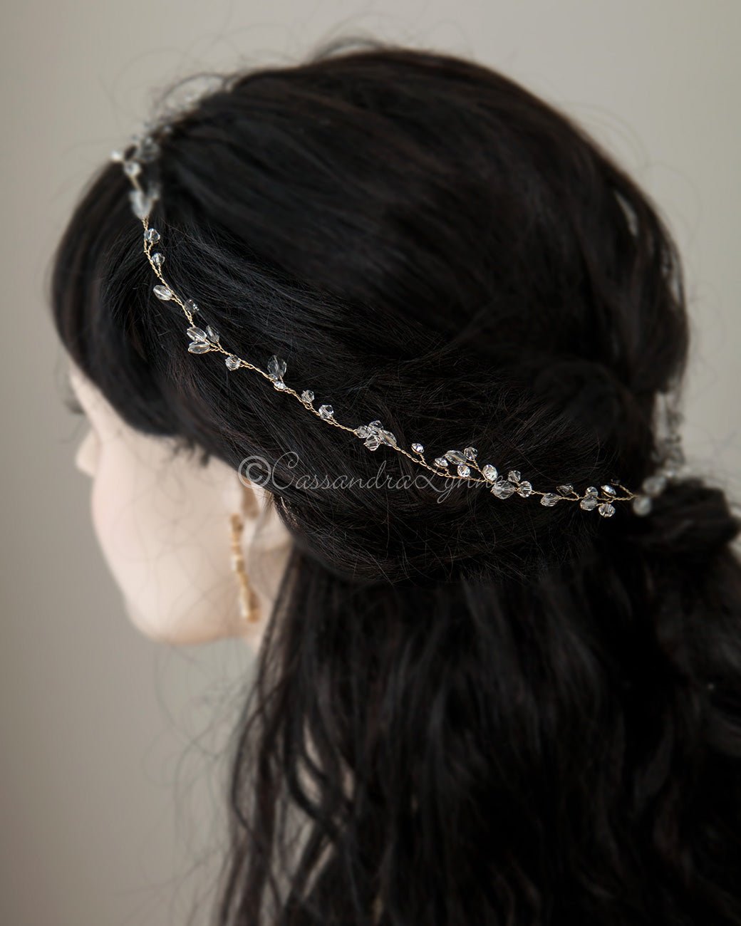 Minimalist Crystal Wedding Hair Vine in Gold - Cassandra Lynne