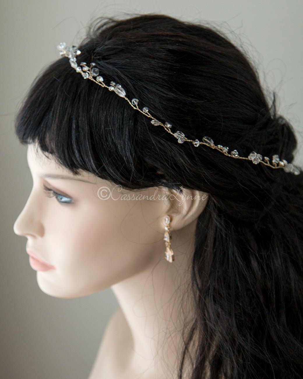 Minimalist Crystal Wedding Hair Vine in Gold - Cassandra Lynne