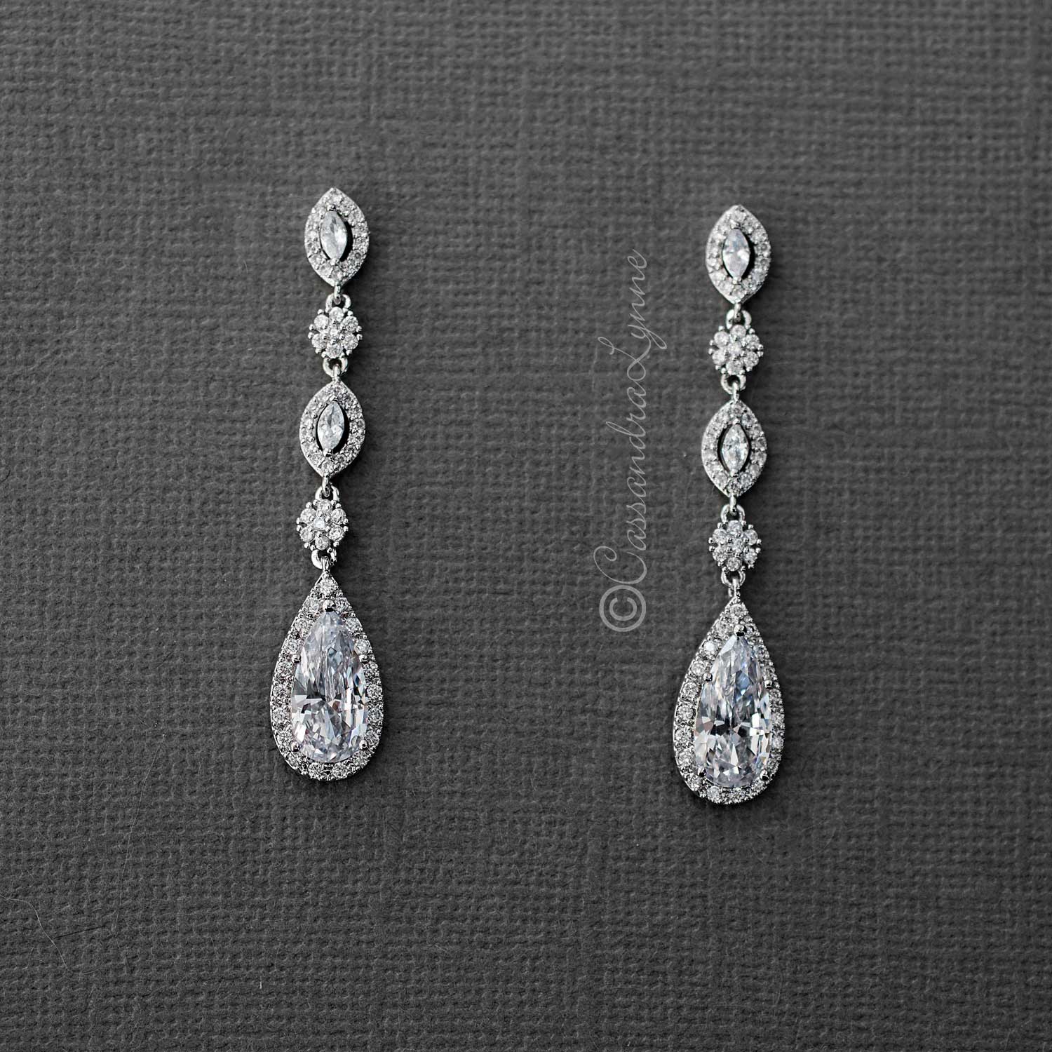 CZ Wedding Earrings of Elongated Teardrops - Cassandra Lynne