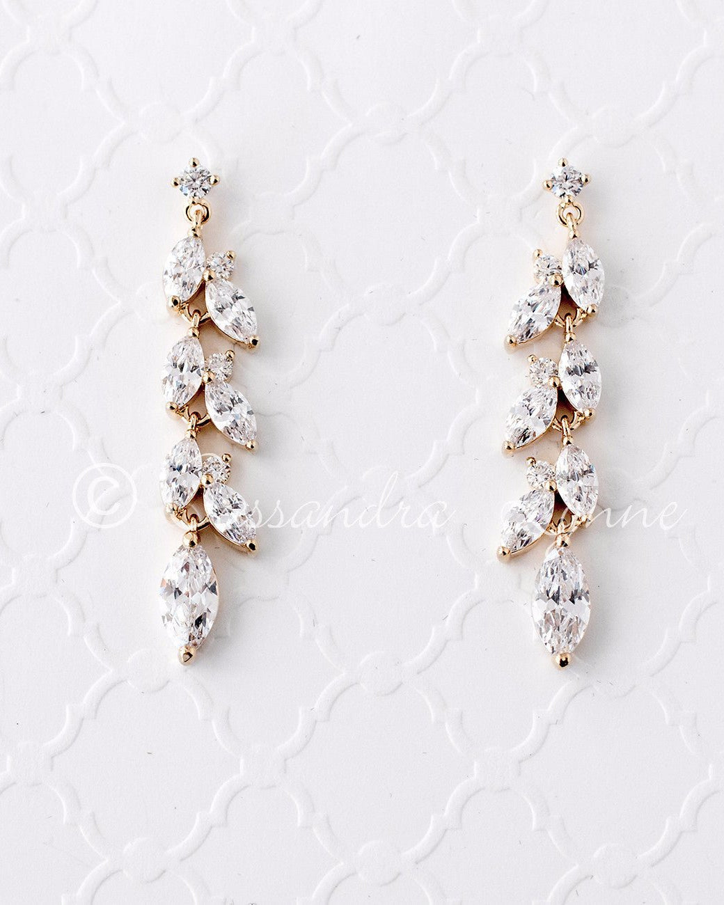 CZ Wedding Earrings with a Marquise Vine Design - Cassandra Lynne