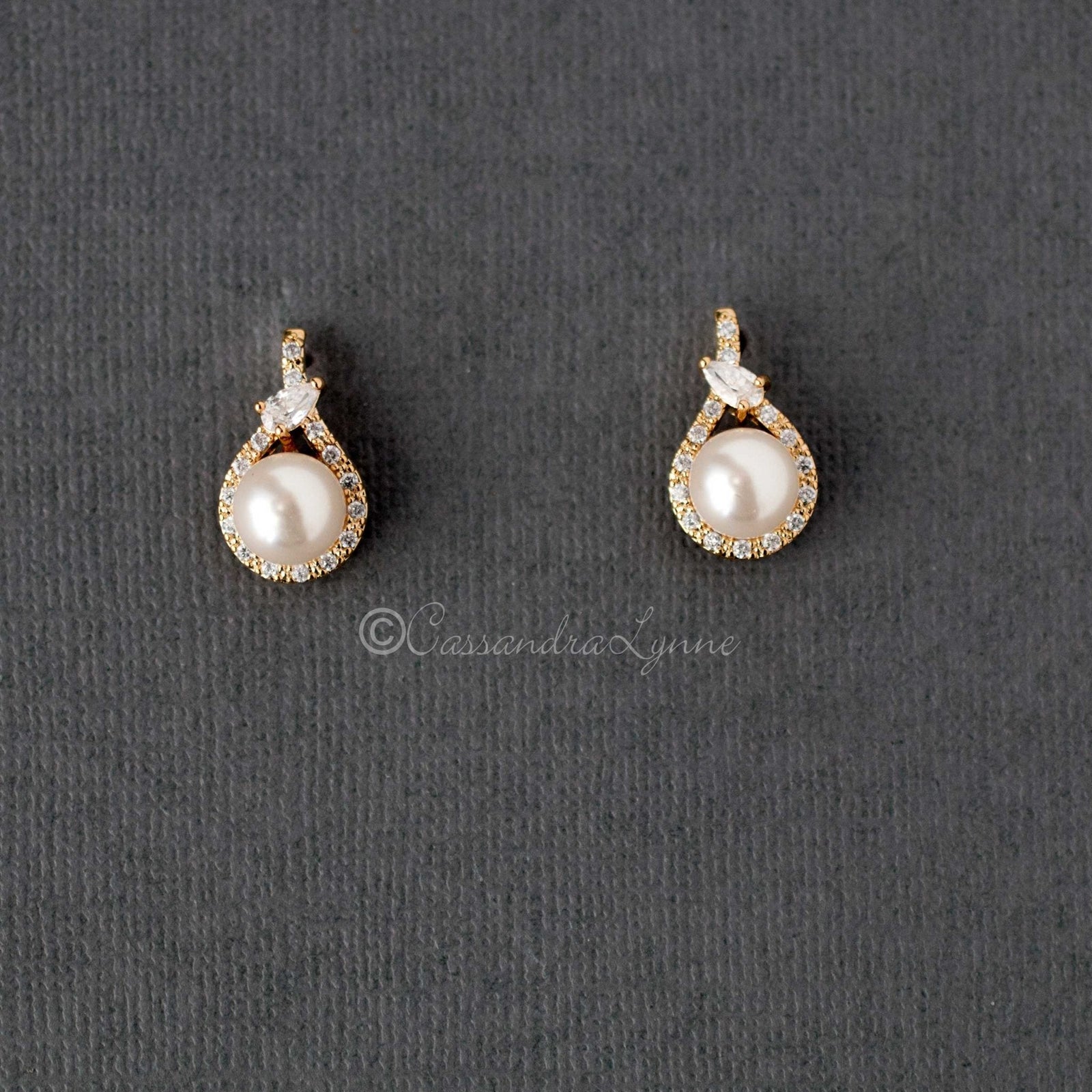 CZ Wrapped Ivory Pearl Stud Earrings - Earrings - Cassandra Lynne