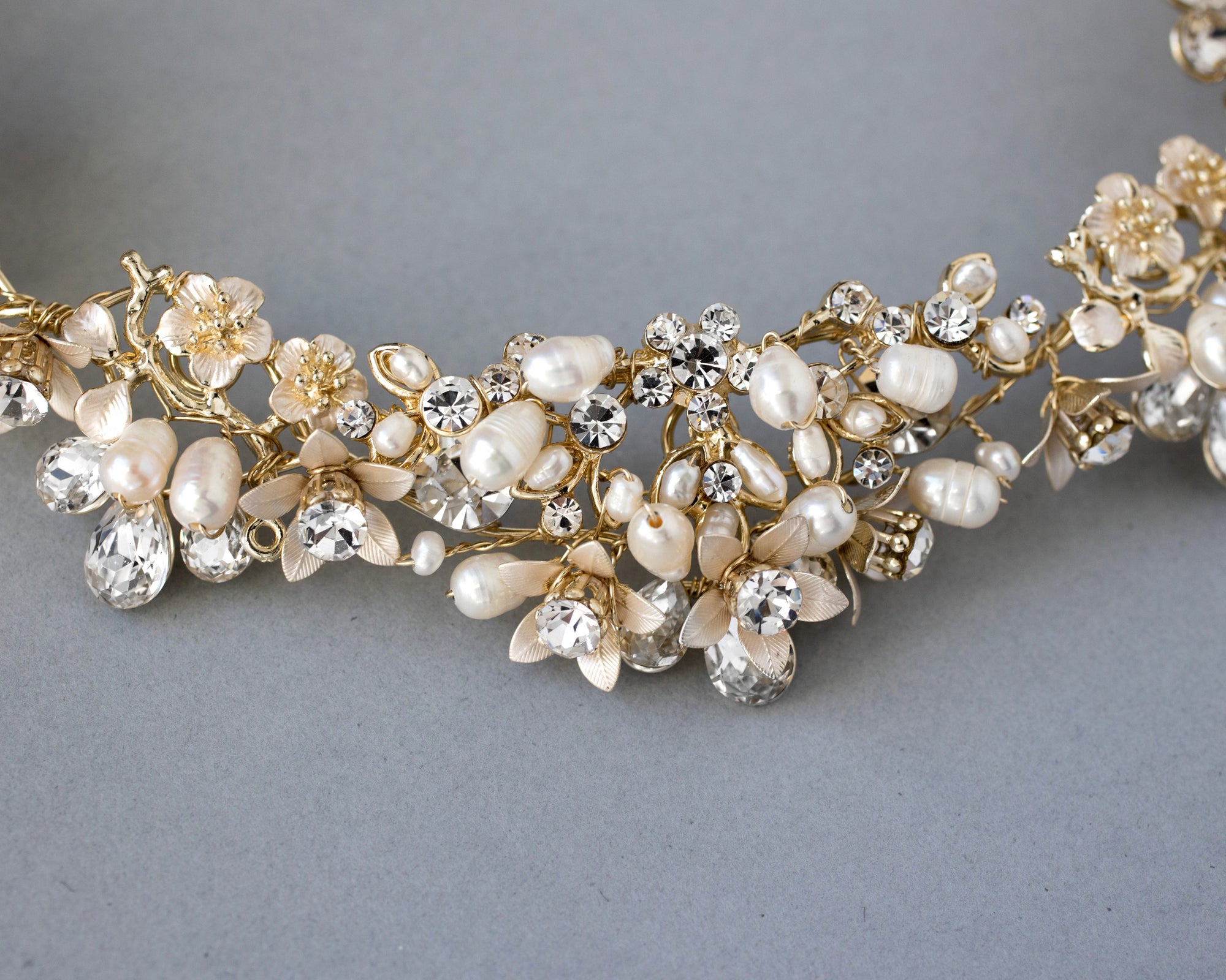 Gold Matte Flowers and Pearls Bridal Headpiece - Cassandra Lynne