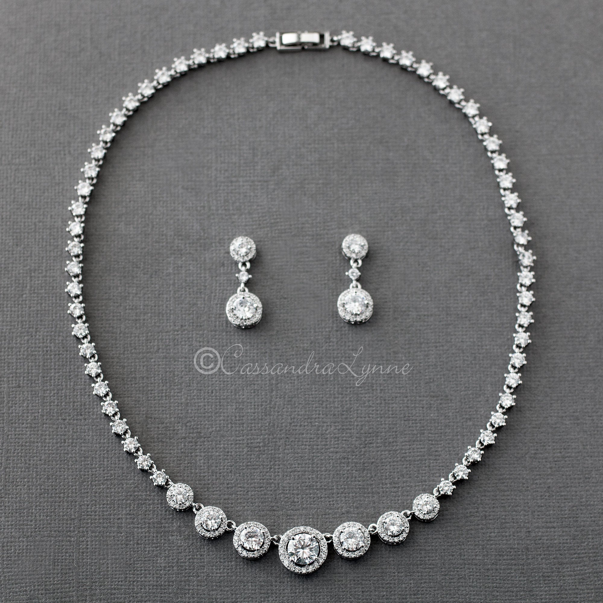 Halo Circles CZ Bridal Necklace and Earrings - Cassandra Lynne