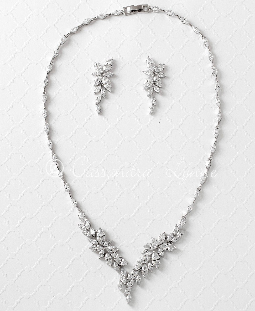 Intricate CZ Leaf Bridal Necklace Set - Necklace Set - Cassandra Lynne