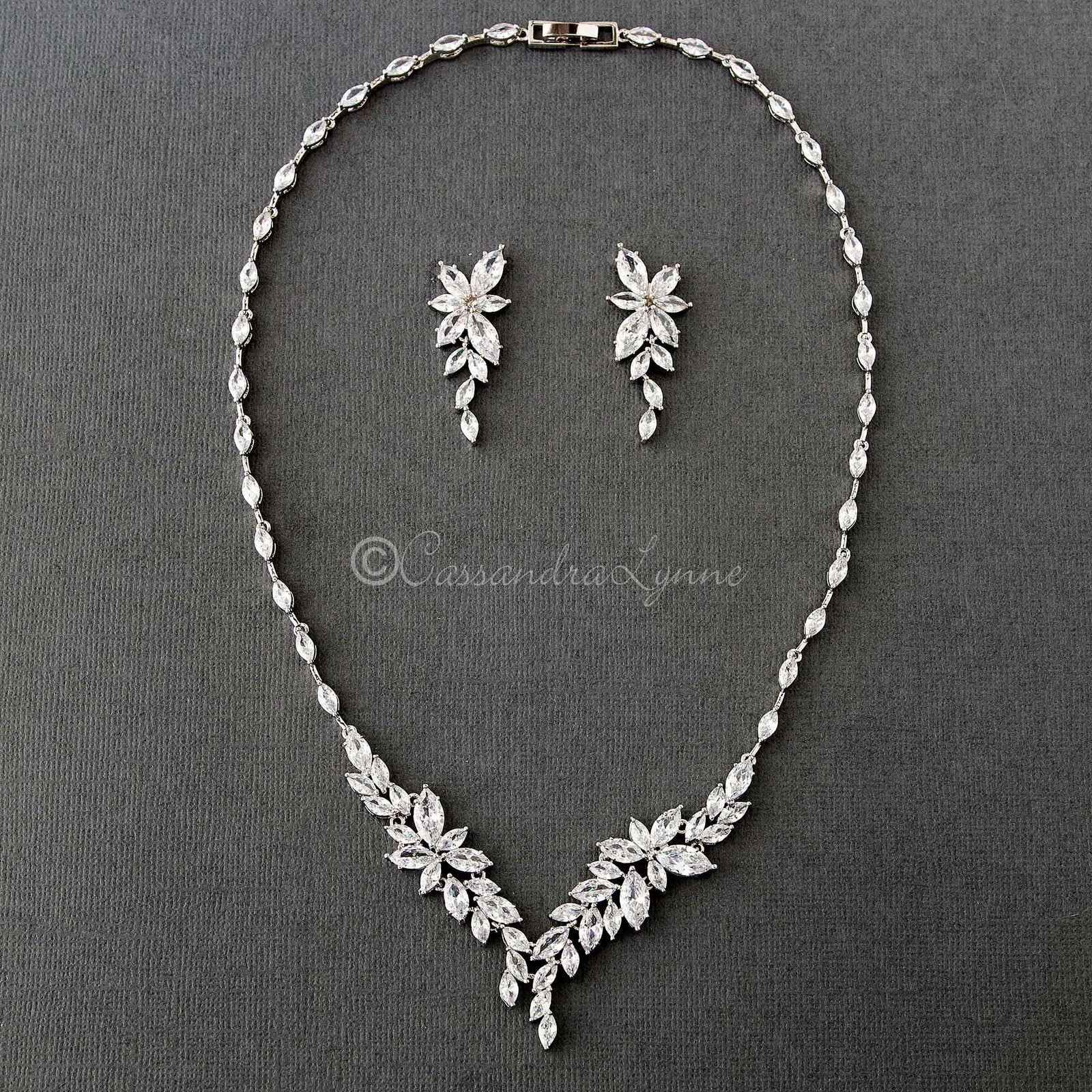 Intricate CZ Leaf Bridal Necklace Set - Necklace Set - Cassandra Lynne