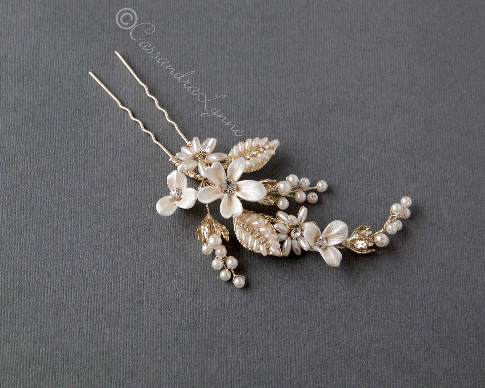 Light Gold Oat Pearl and Porcelain Bridal Hair Pin - Cassandra Lynne
