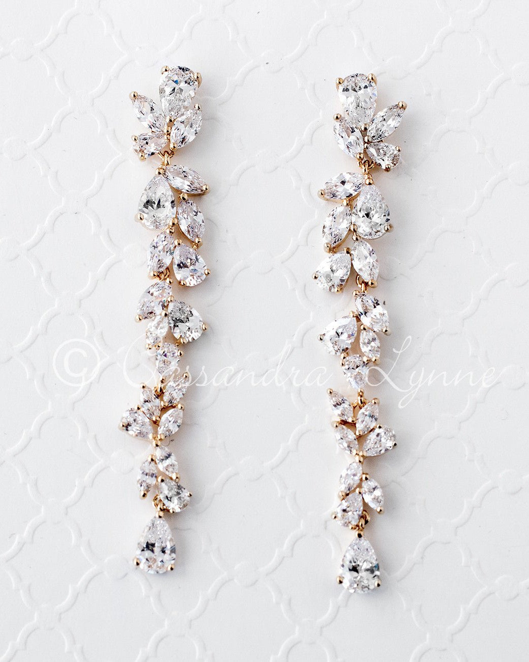 Long Bridal Earrings of Teardrop and Marquise CZ - Cassandra Lynne