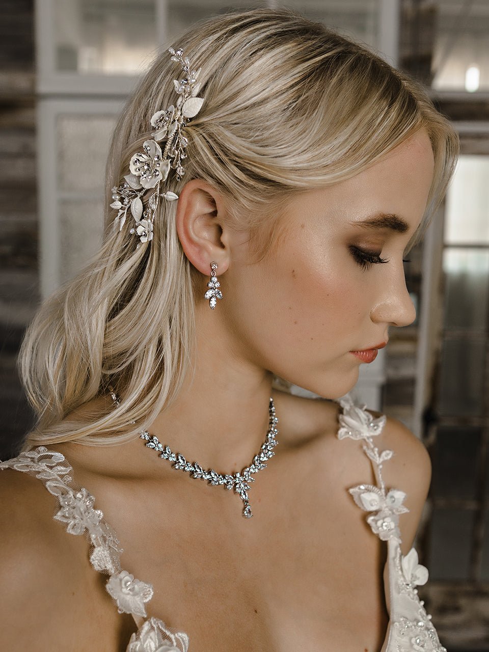 Marquise Leaf Bridal Necklace and Earrings - Cassandra Lynne