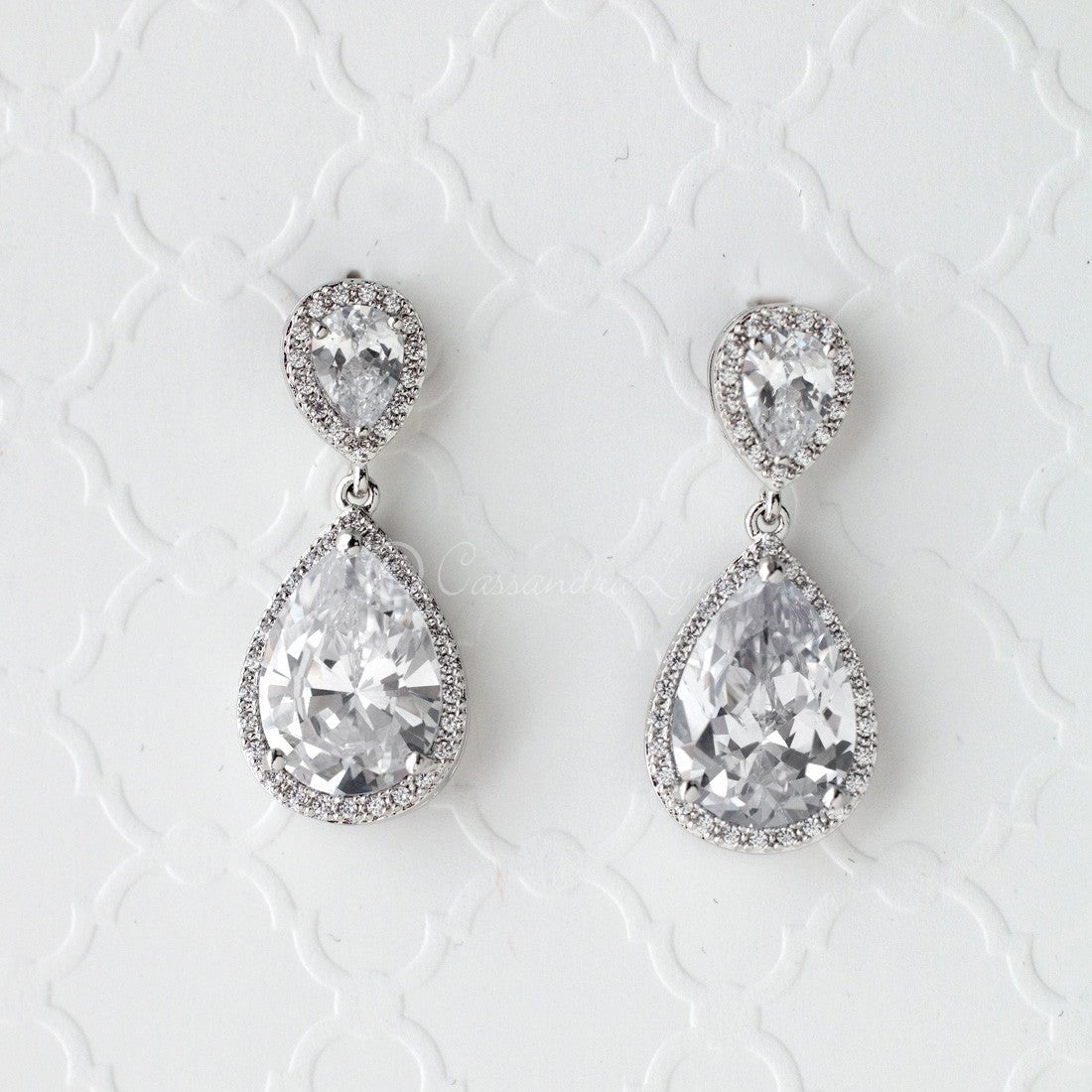 Pave Pear Drop CZ Earrings for the Bride - Cassandra Lynne